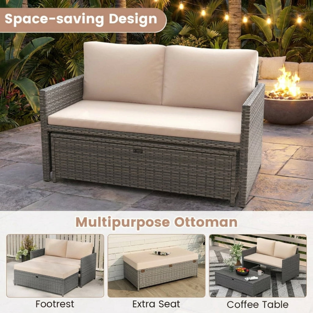 Biotree Outdoor Rattan Daybed Wicker Loveseat and 31 Gallon Storage Ottoman Outdoor Conversation Set for Garden Backyard PorchBrown