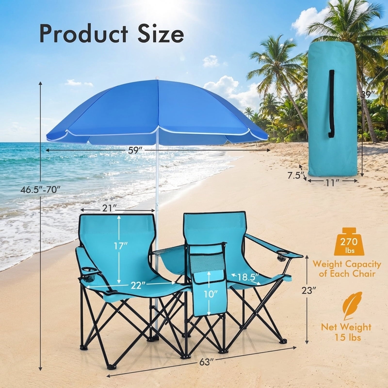 Biotree Double Camping Chair with Removable Umbrella Portable Folding Loveseat with Cooler Bag and Cup Holders for Beach Picnic, Turquoise