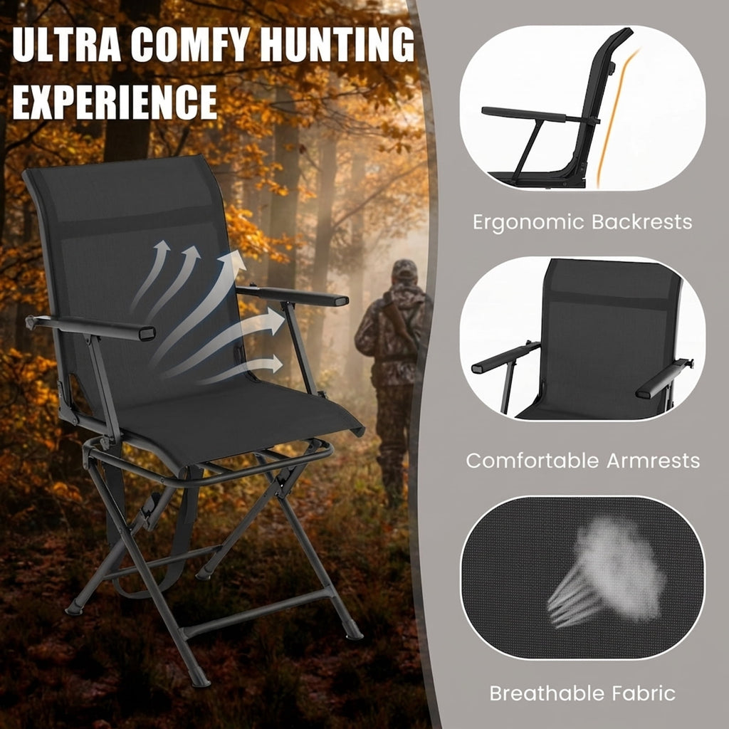 Biotree 360 Degree Swivel Hunting Chair Foldable Outdoor Camp Chair with Armrest and Breathable Mesh Back for Camping Fishing, Black