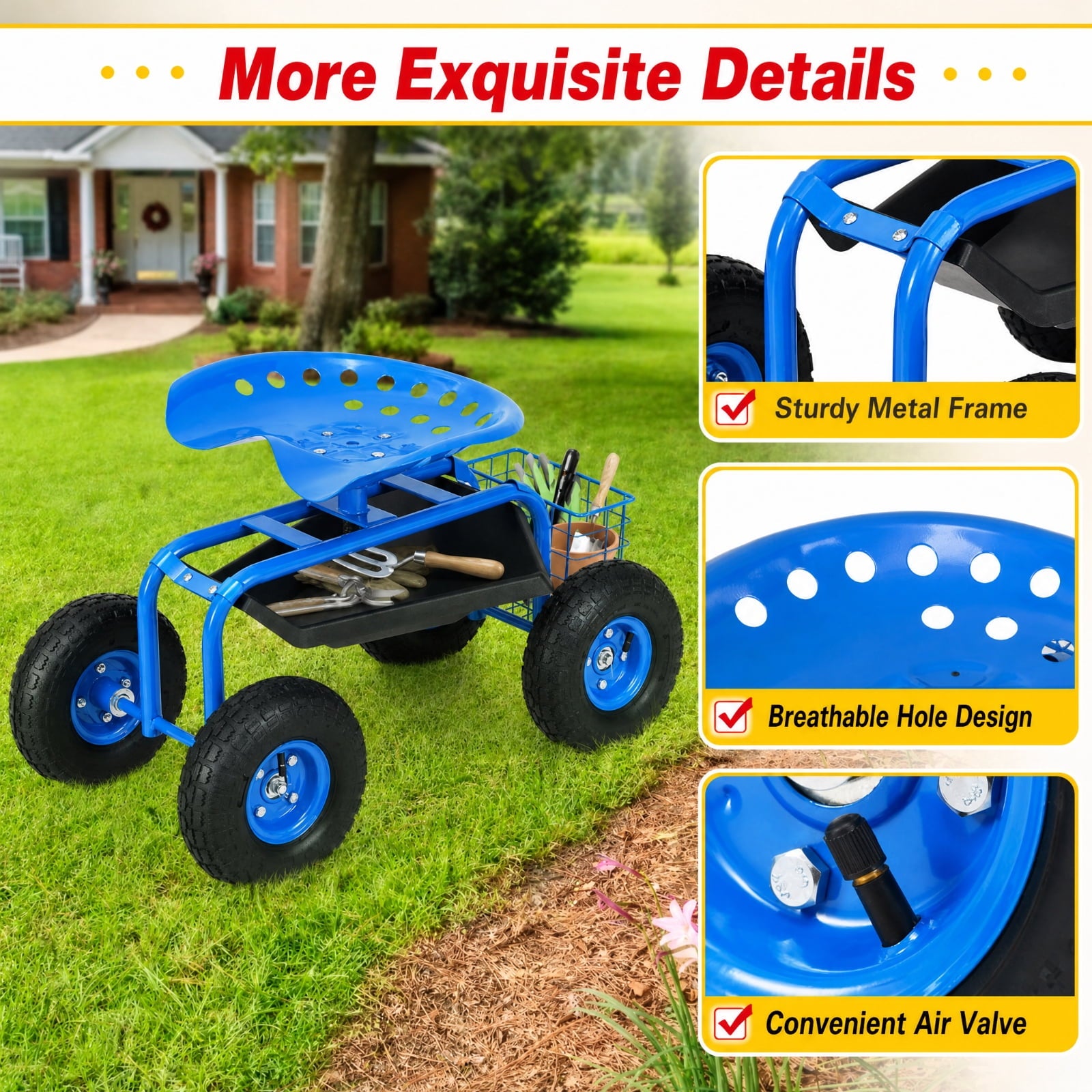 Biotree Rolling Garden Cart with Seat, 360¡ãSwivel Seat Adjustable Height,330lbs Load Capacity, Wagon Scooter with Storage Bracket and Tool Tray, Suitable for Patio Yard, Blue