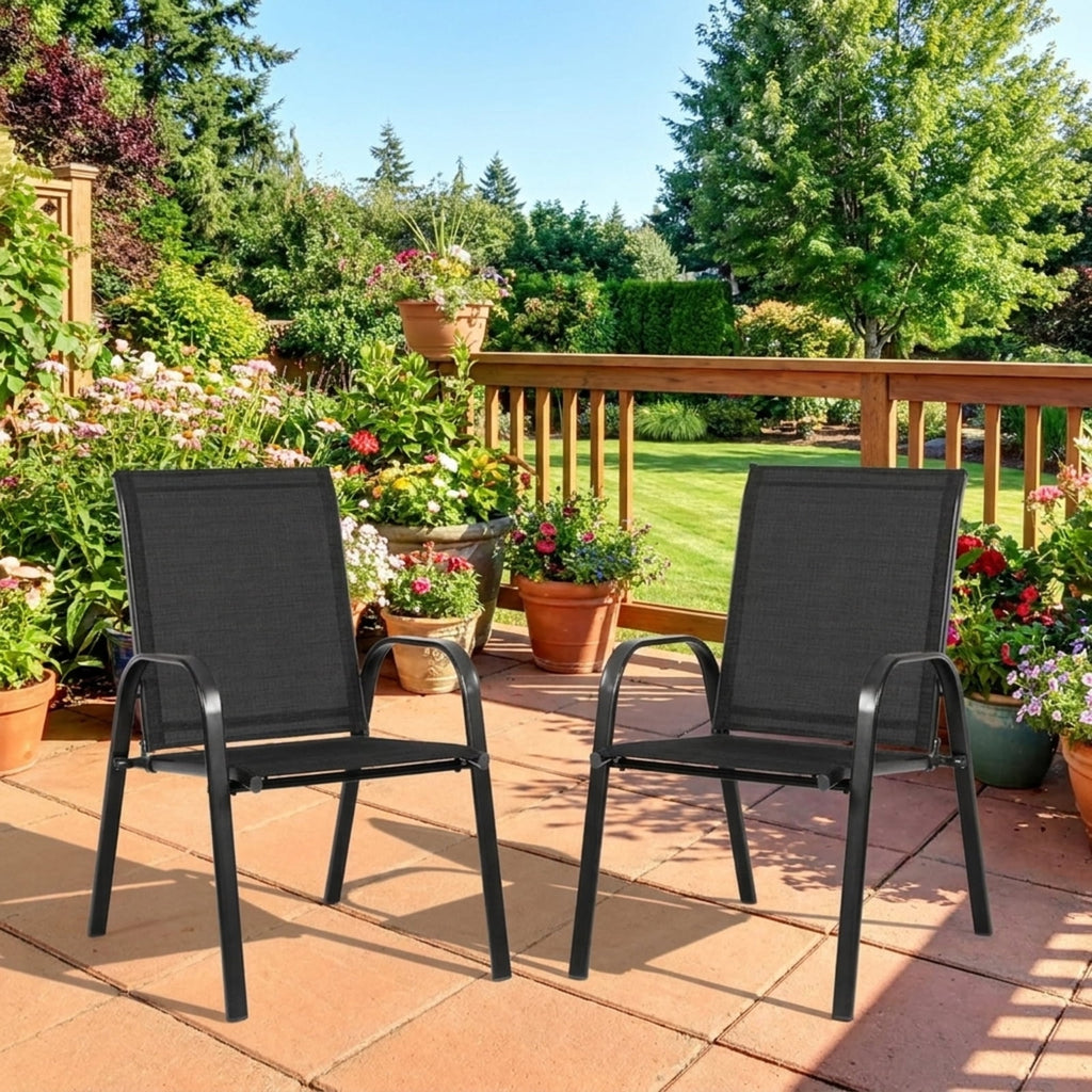 Biotree 2 Pcs Patio Outdoor Dining Chair with Armrest Stackable Patio Chair for Garden BackyardBlack