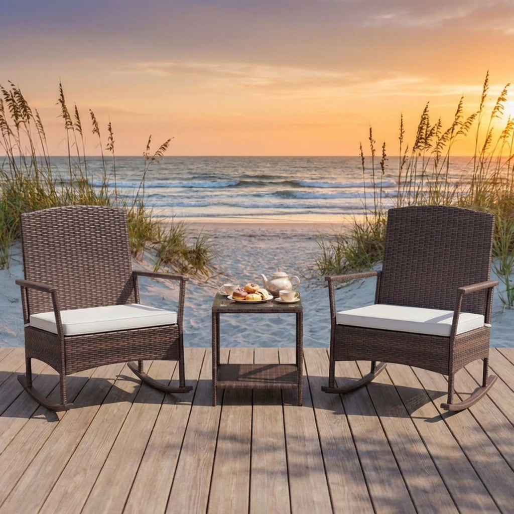 Biotree 3 Piece Patio Rocking Set Wicker Rocking Chairs with 2-Tier Coffee Table Outdoor Conversation Set for Garden Backyard PorchOff White