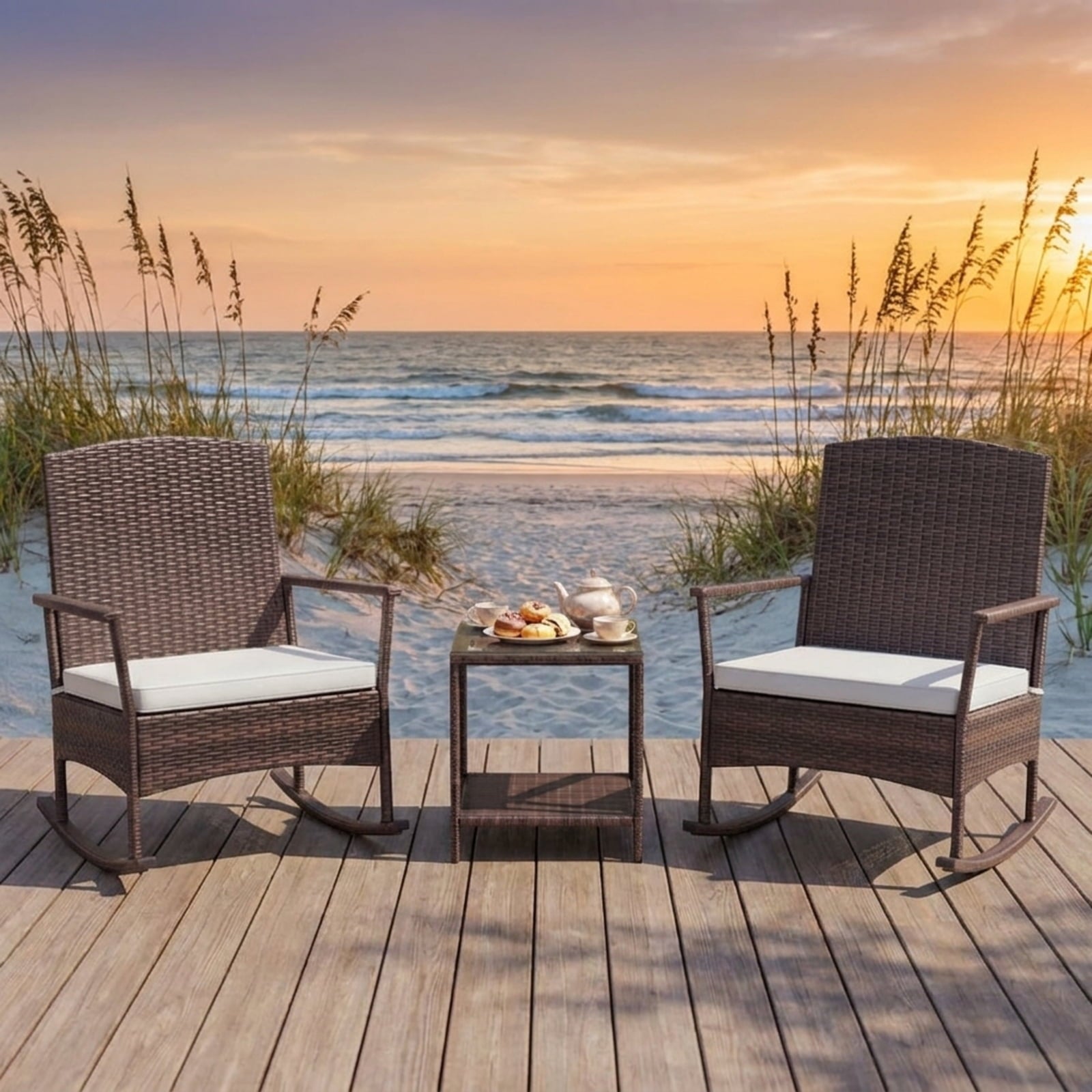 Biotree 3 Piece Patio Rocking Set Wicker Rocking Chairs with 2-Tier Coffee Table Outdoor Conversation Set for Garden Backyard PorchOff White