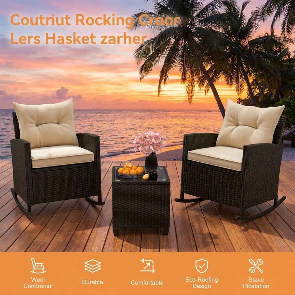 Biotree 3-Piece Patio Rattan Roker Chairs with Tempered Glass Table and Soft Cushions Outdoor Conversation Set for Garden Backyard PorchBeige