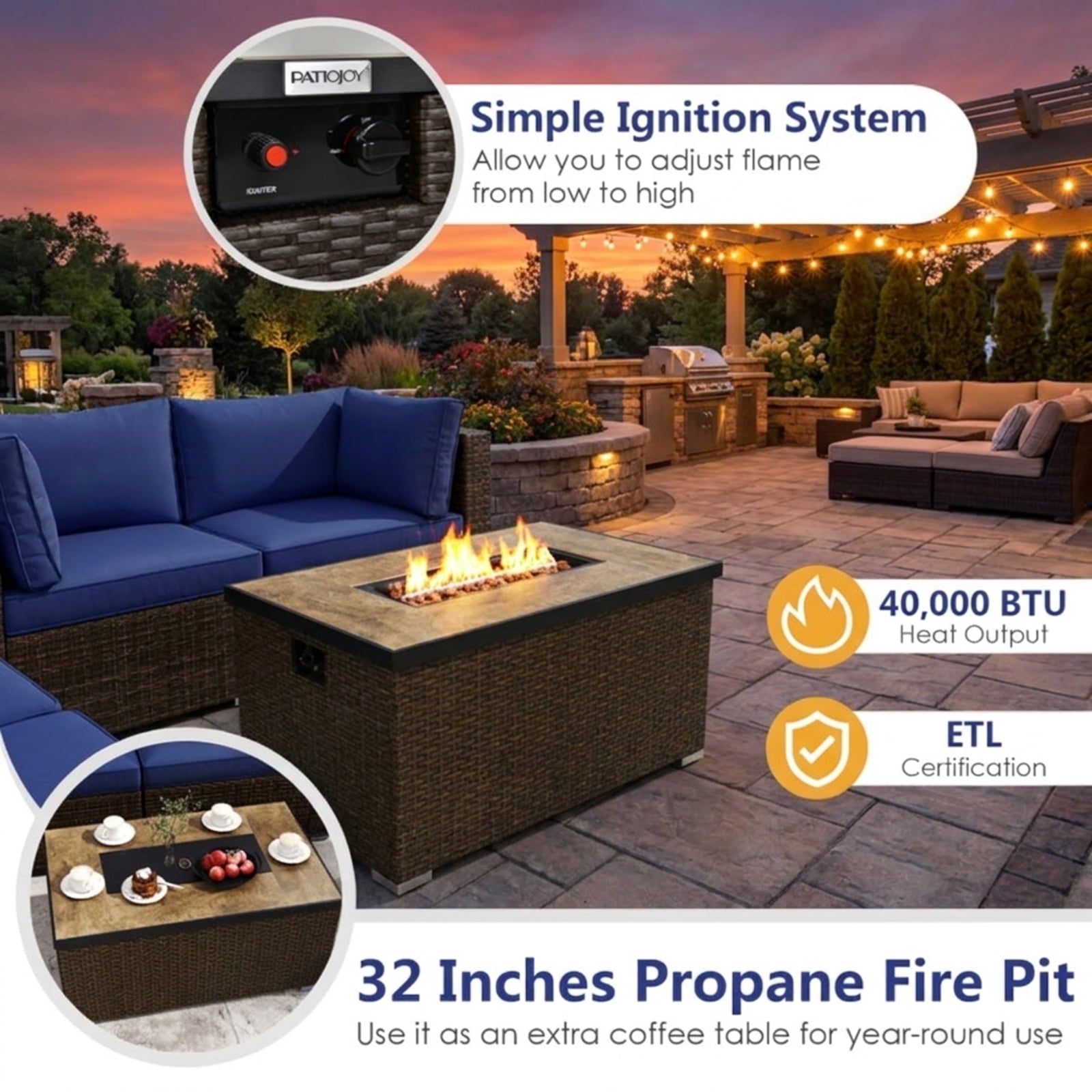 Biotree 7 Pieces Outdoor Furniture Set with 32 Inch Fire Pit Table and Propane Tank Cover Outdoor Conversation Set for Garden Backyard PorchNavy