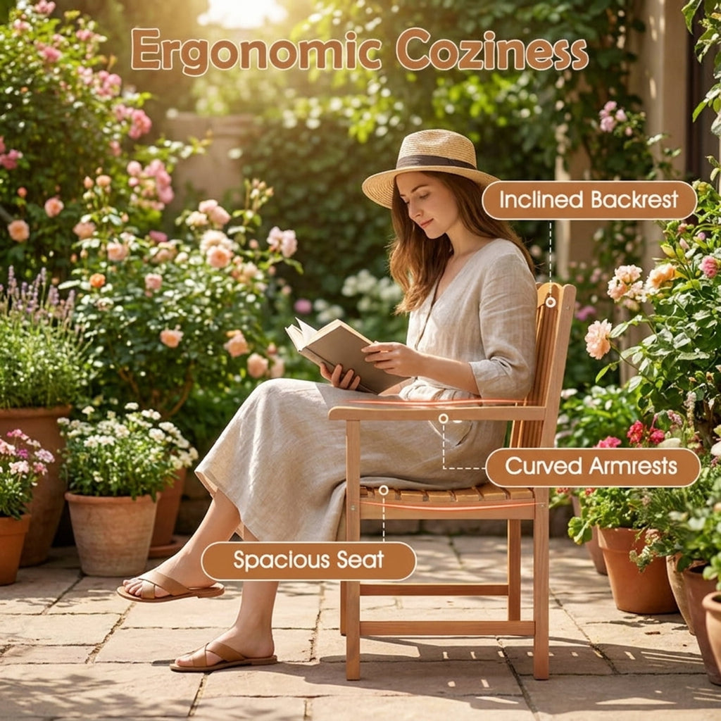 Biotree Solid Acacia Wood Patio Chairs Set of 2 with Slatted Seat and Inclined Backrest for PorchNatural