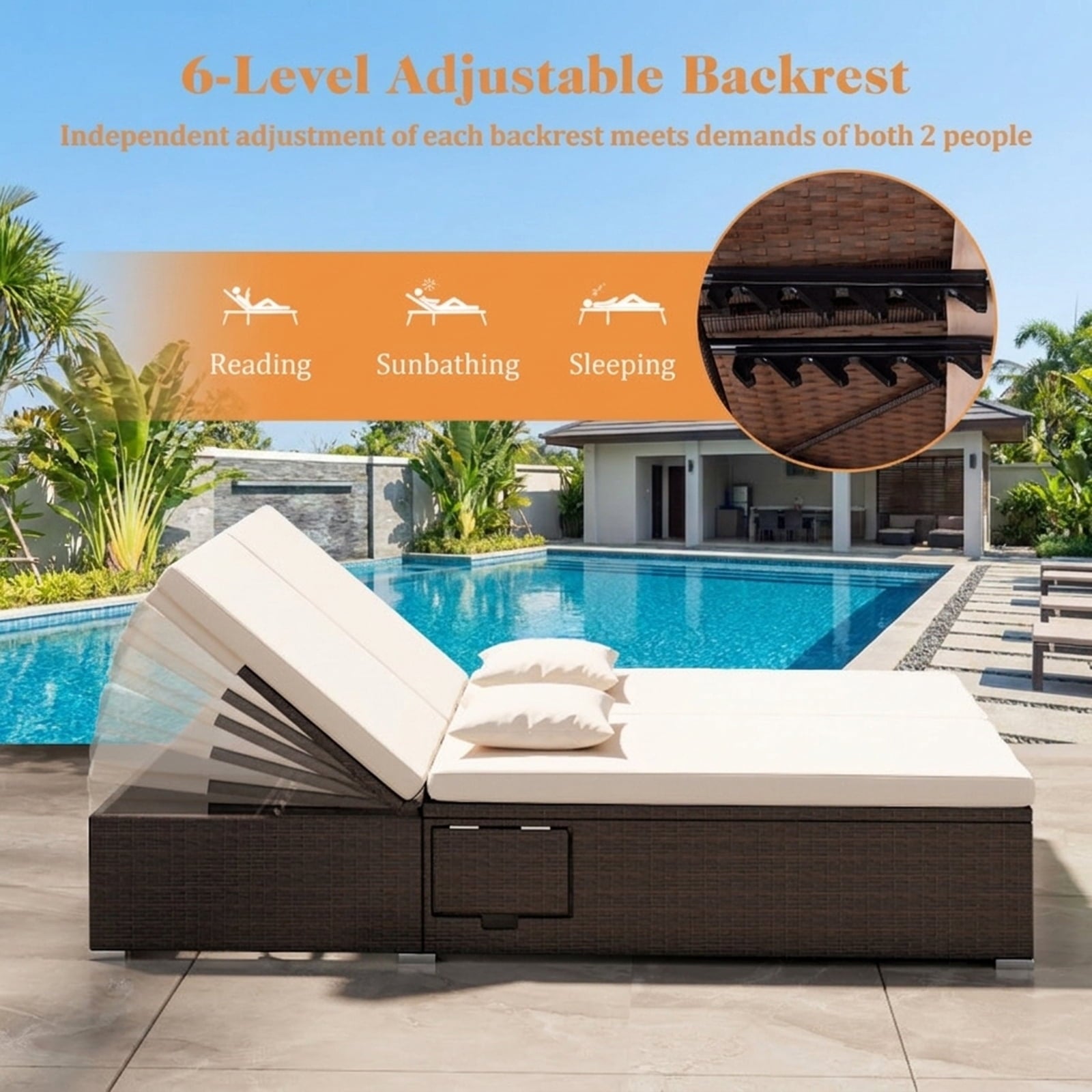 Biotree Patio Double Chaise Lounge with Cushions and Folding Side Trays Stackable Patio Chair for Garden BackyardBeige