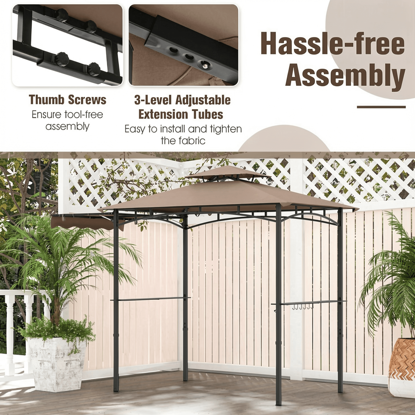 Biotree 11 x 5 FT Grill Gazebo with Side Awning and Double-Tiered Top Brown - Outdoor Patio Backyard Garden Shade Canopy Shelter