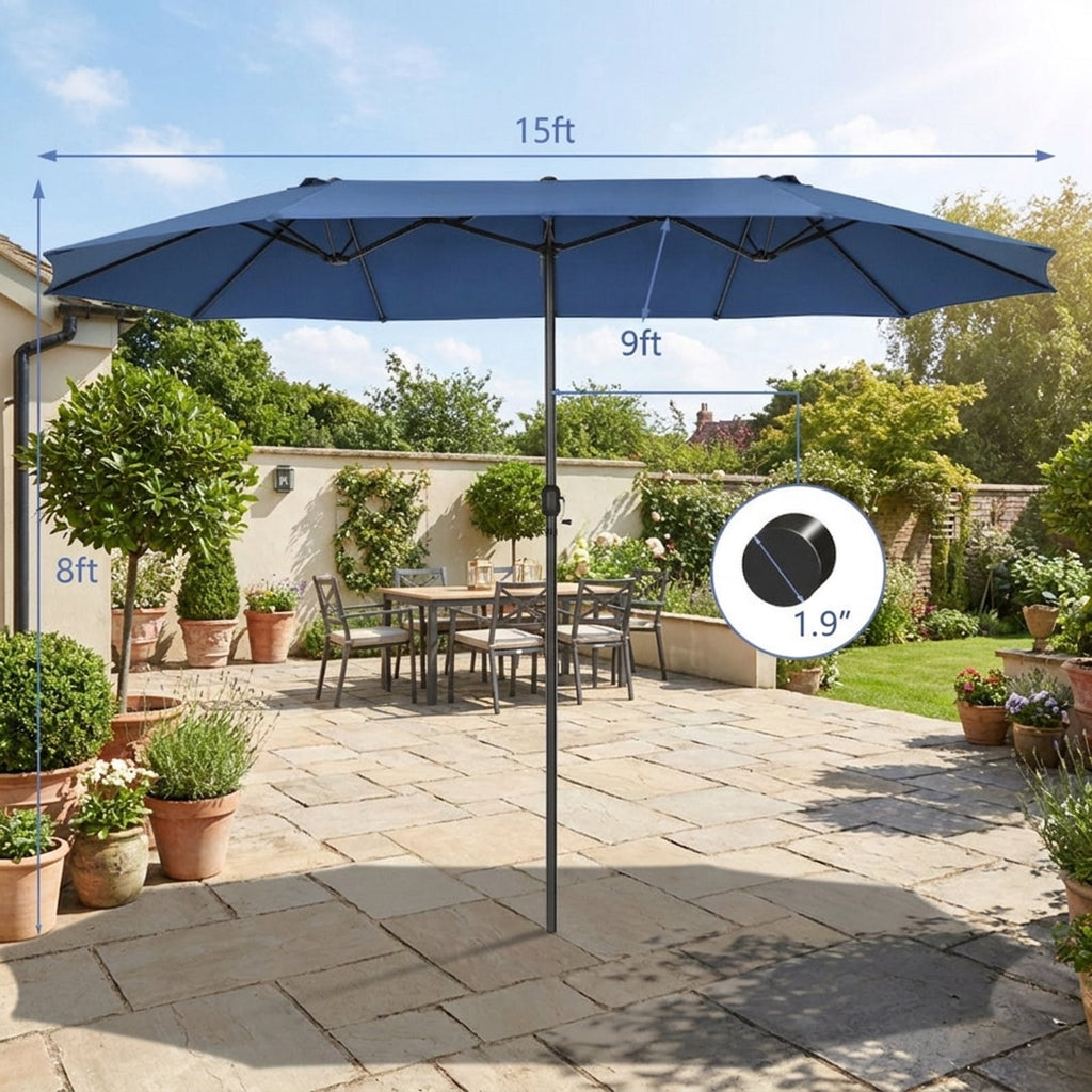 Biotree 15 ft Double-Sided Twin Patio Umbrella Crank Tilt Outdoor Shade - Blue - UV Protection with Cross Base
