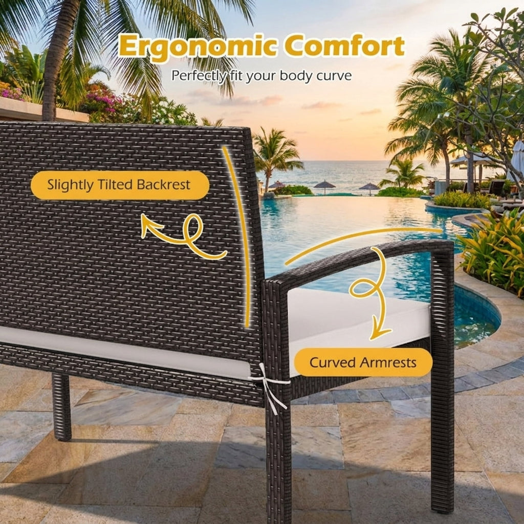 Biotree Wicker 2-Seat Bench with Soft Seat Cushion and Metal Frame Stackable Patio Chair for Garden BackyardWhite