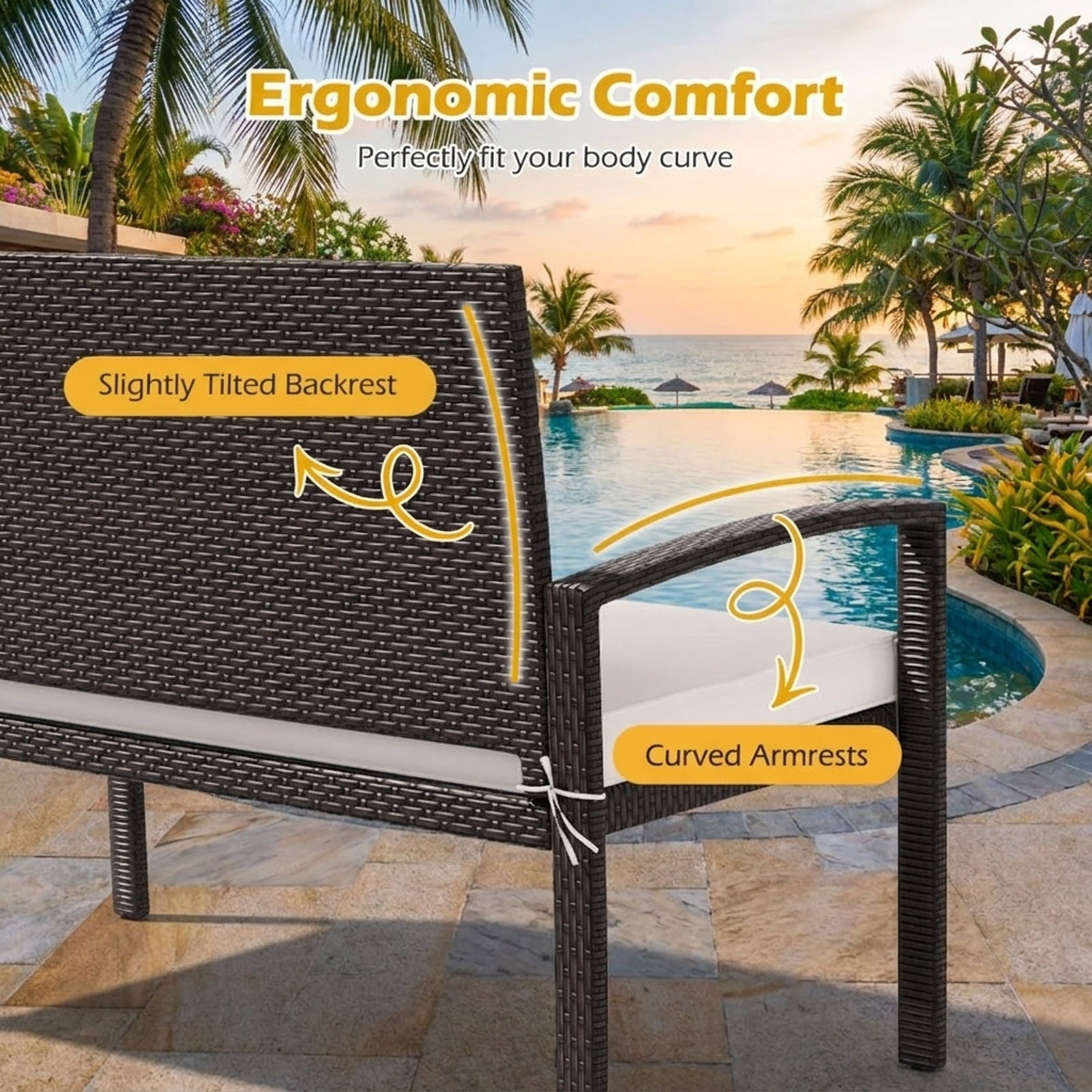 Biotree Wicker 2-Seat Bench with Soft Seat Cushion and Metal Frame Stackable Patio Chair for Garden BackyardWhite