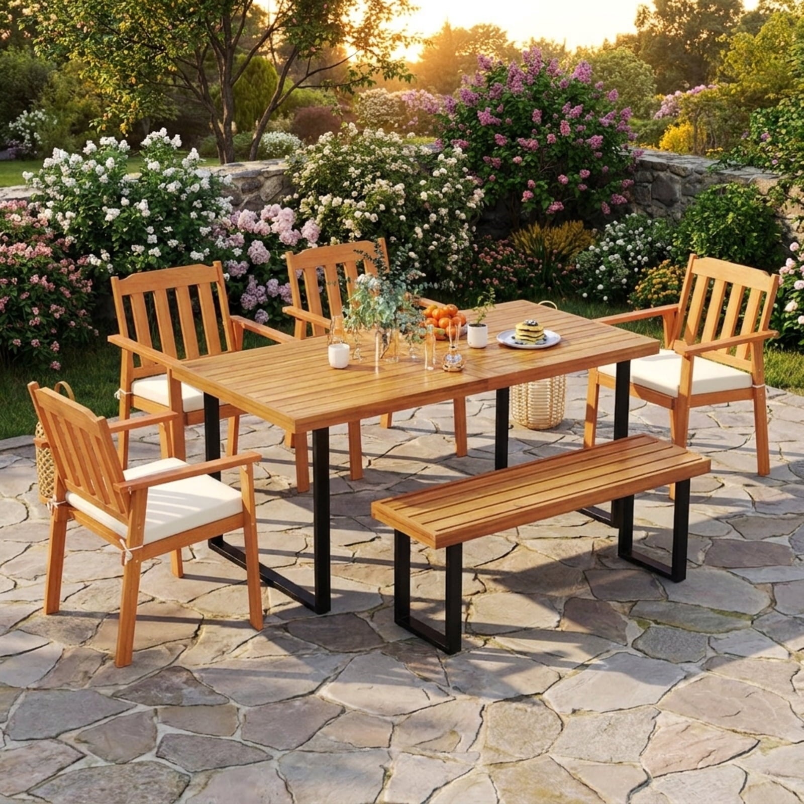Biotree Acacia Wood Outdoor Bench 48 Inch Long Patio Dining Bench-Set of 2 Stackable Patio Chair for Garden BackyardNatural+Black