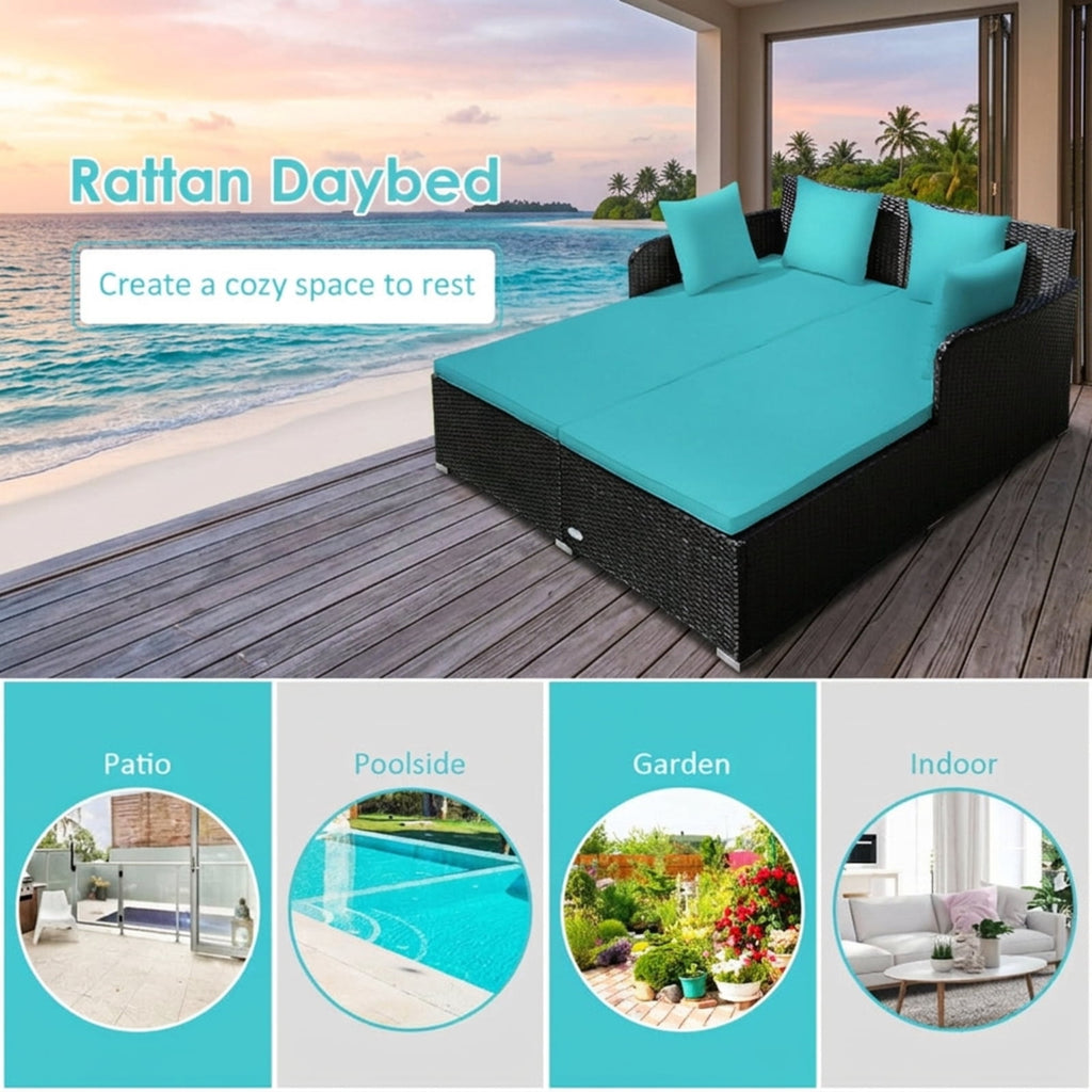 Biotree Spacious Outdoor Rattan Daybed with Upholstered Cushions and Pillows Outdoor Conversation Set for Garden Backyard PorchTurquoise