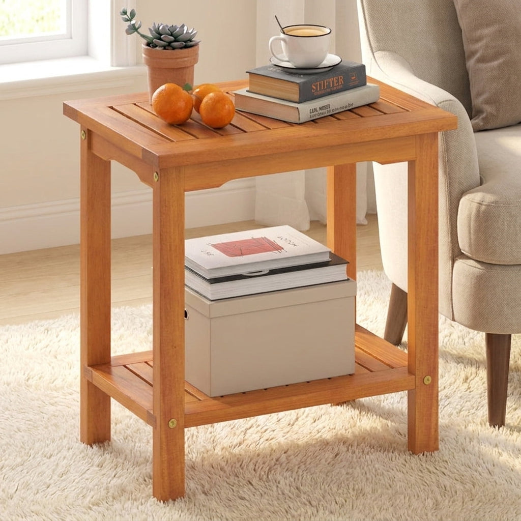 Biotree 2-Tier Outdoor Acacia Wood Side Table with Slatted Tabletop and Storage Shelf, Natural