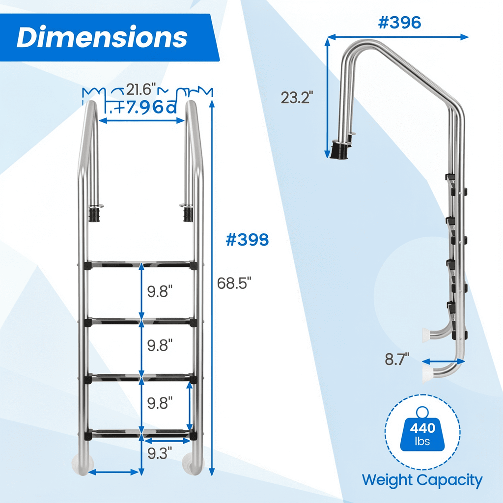 Biotree 4-Step Inground Pool Ladder Stainless Steel Swimming Pool Ladder with Non-Slip Pedals, 440 LBS Capacity Pool Ladder for Inground Swimming Pools, Silver