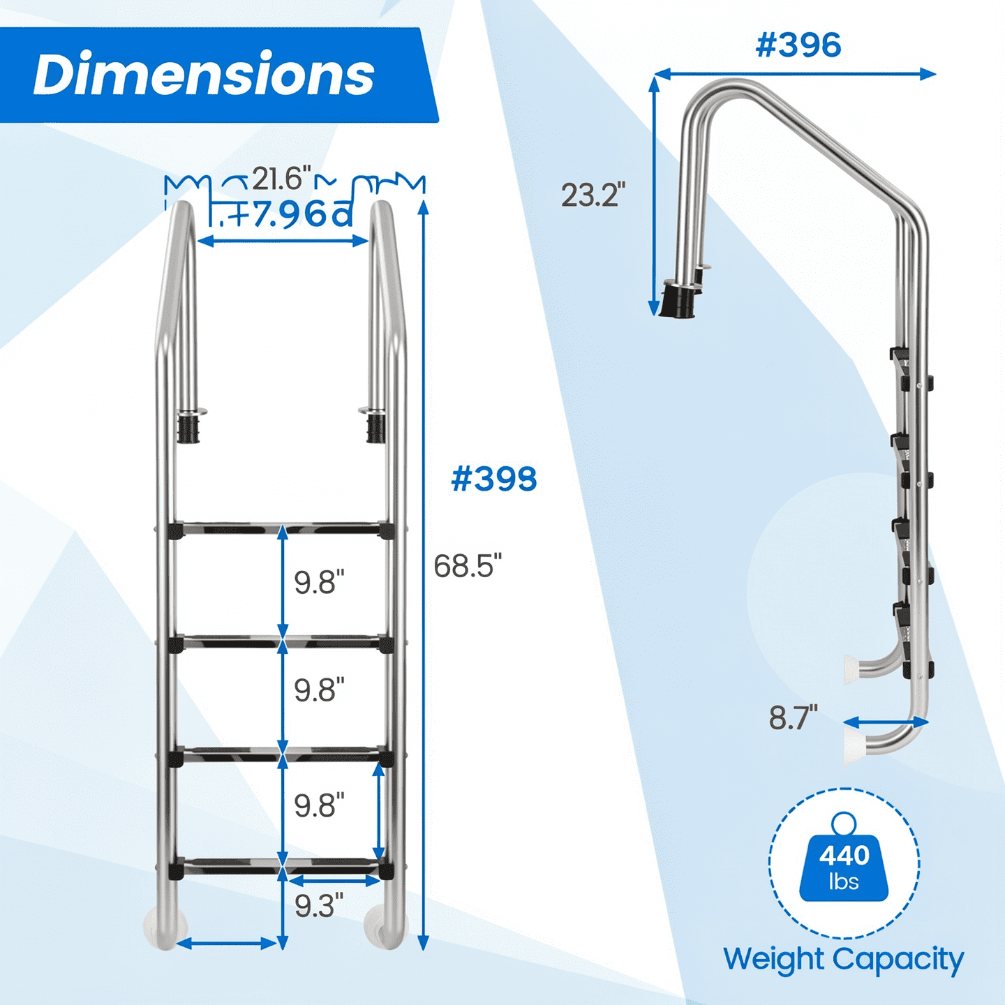 Biotree 4-Step Inground Pool Ladder Stainless Steel Swimming Pool Ladder with Non-Slip Pedals, 440 LBS Capacity Pool Ladder for Inground Swimming Pools, Silver