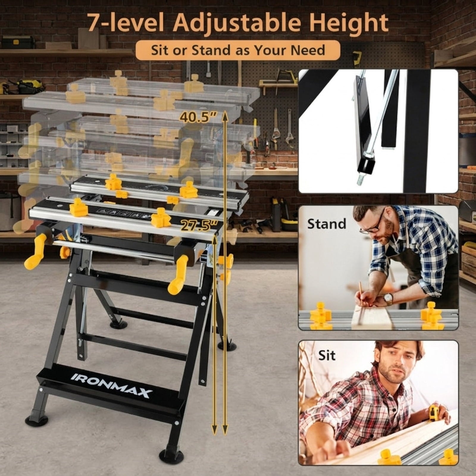 Biotree Folding Work Table with Tiltable Platform and 7-level Adjustable Height for Garage Workshop Home DIY Projects, Black