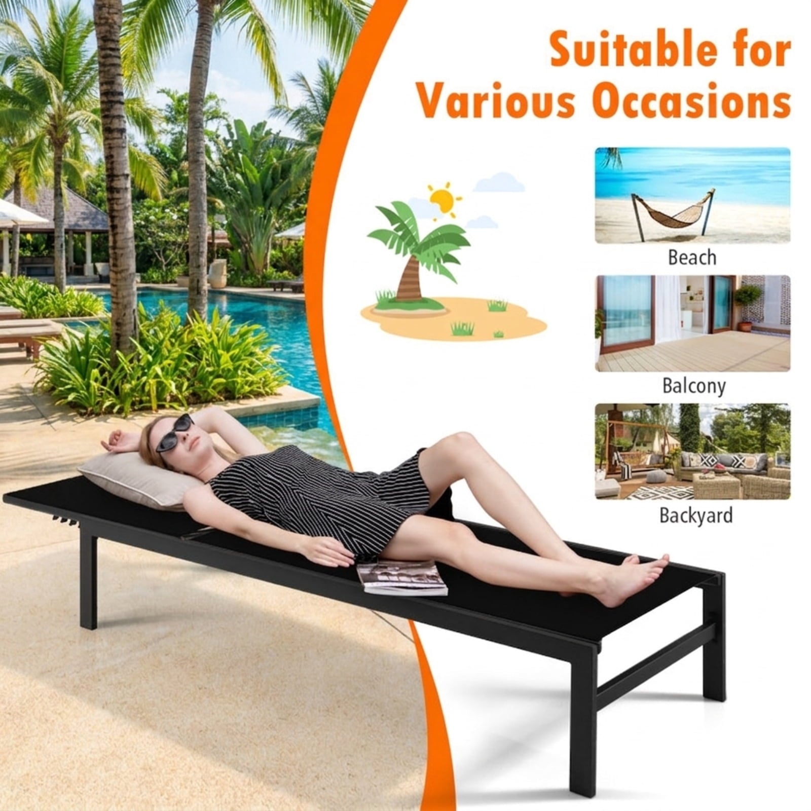 Biotree 6-Position Chaise Lounge Chairs with Rustproof Aluminium Frame Stackable Patio Chair for Garden BackyardBlack