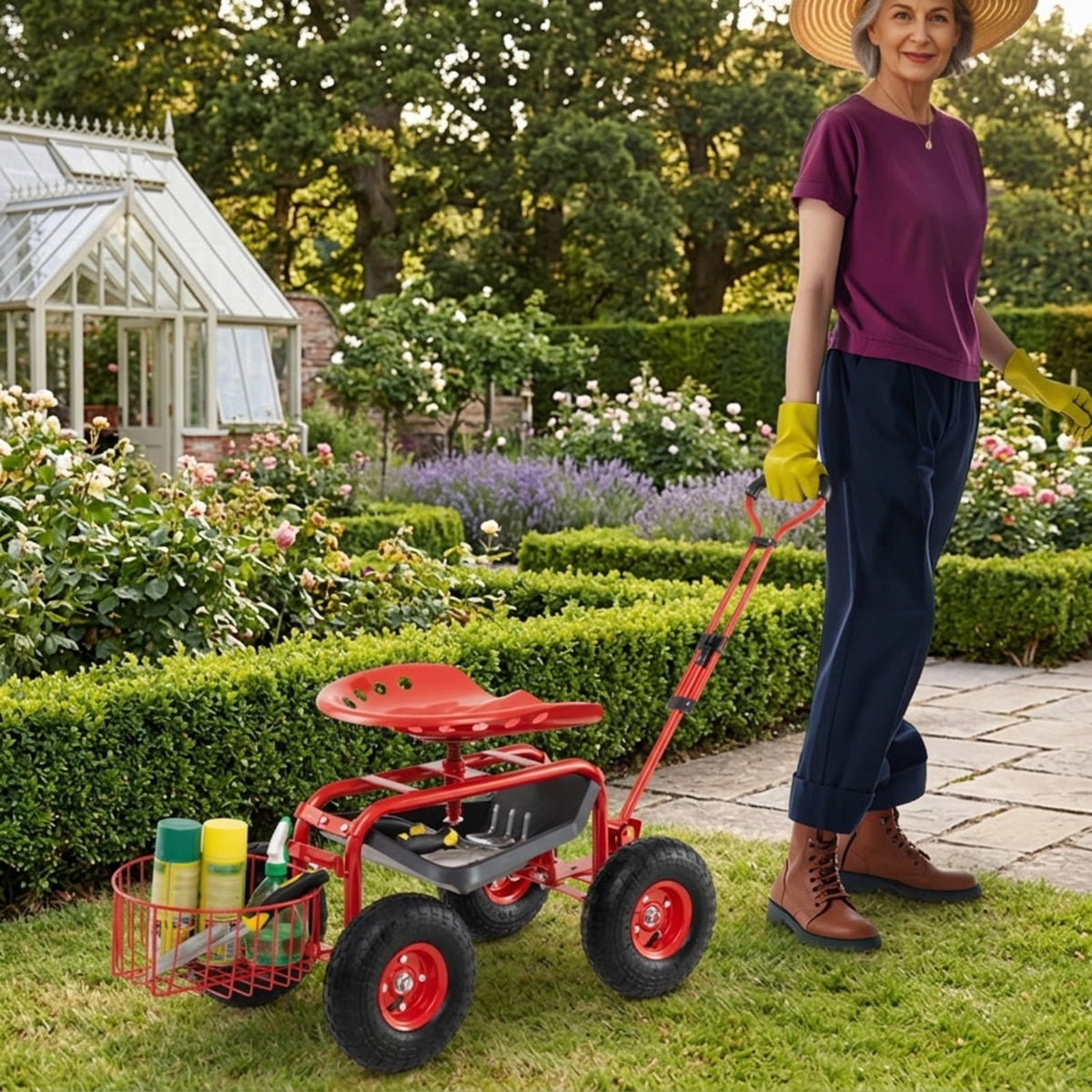 Biotree Rolling Garden Cart with 360¡ã Swivel Seat, Height Adjustable Garden Scooter, Heavy Duty Yard Cart with Tool Tray and Storage Basket for Gardening Weeding Yard Work Red
