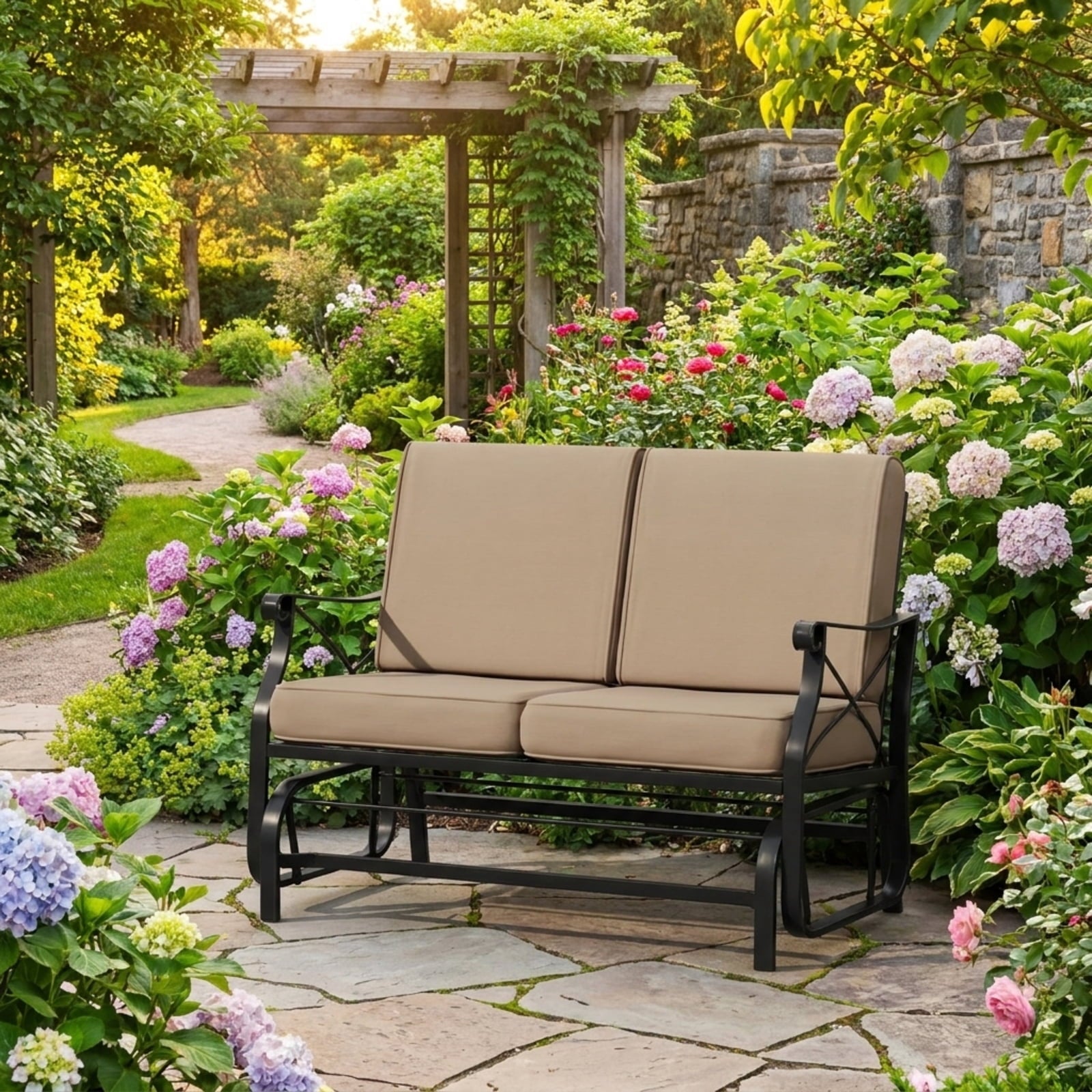 Biotree Outdoor 2-Person Glider Rocking Chair Loveseat with Thick Cushions and Metal Frame Stackable Patio Chair for Garden BackyardBrown