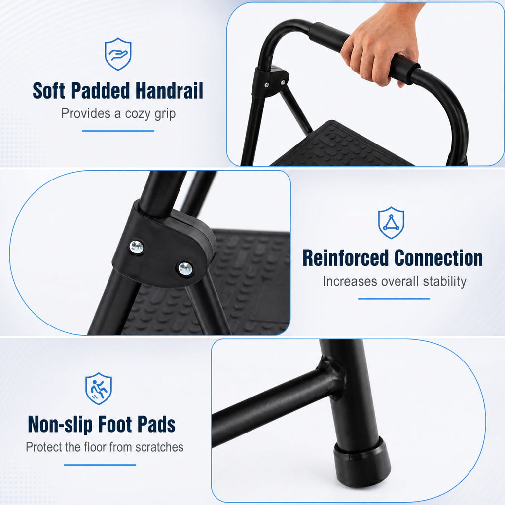 Biotree 2-Step Folding Step Ladder with 330 lb Capacity, Wide Anti-Slip Pedals and Padded Handrail for Kitchen, Home and Garage, Black