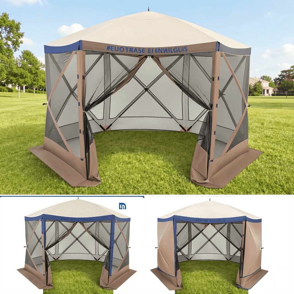 Biotree Pop-up Gazebo 6-sided Instant Setup Screen House Hub Tent with Mesh Netting Walls Brown - Outdoor Patio Backyard Garden Shade Canopy Shelter