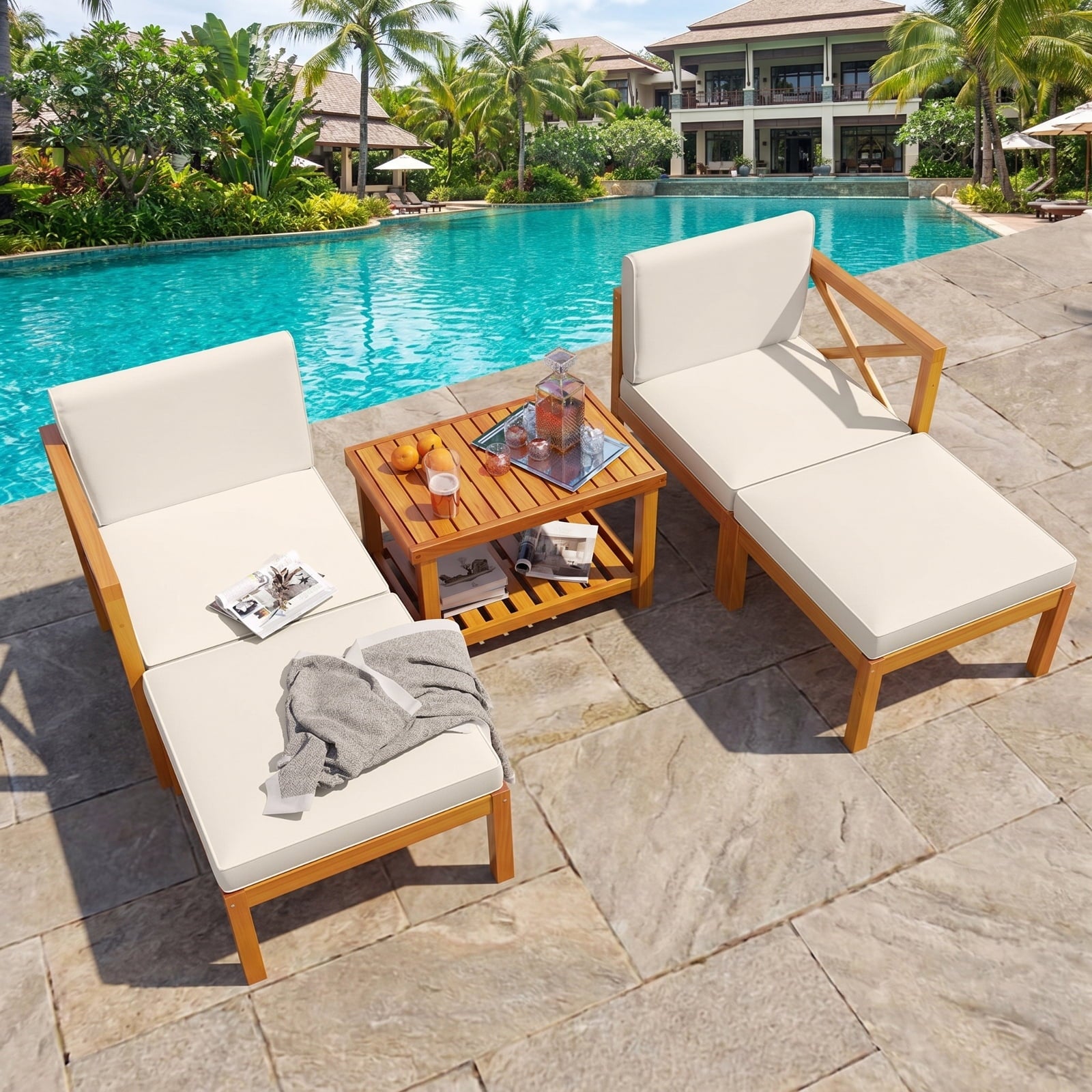 Biotree 4 Pieces Wicker Furniture Set with Acacia Wood Tabletop and Armrests for Porch Outdoor Conversation Set for Garden Backyard PorchWhite