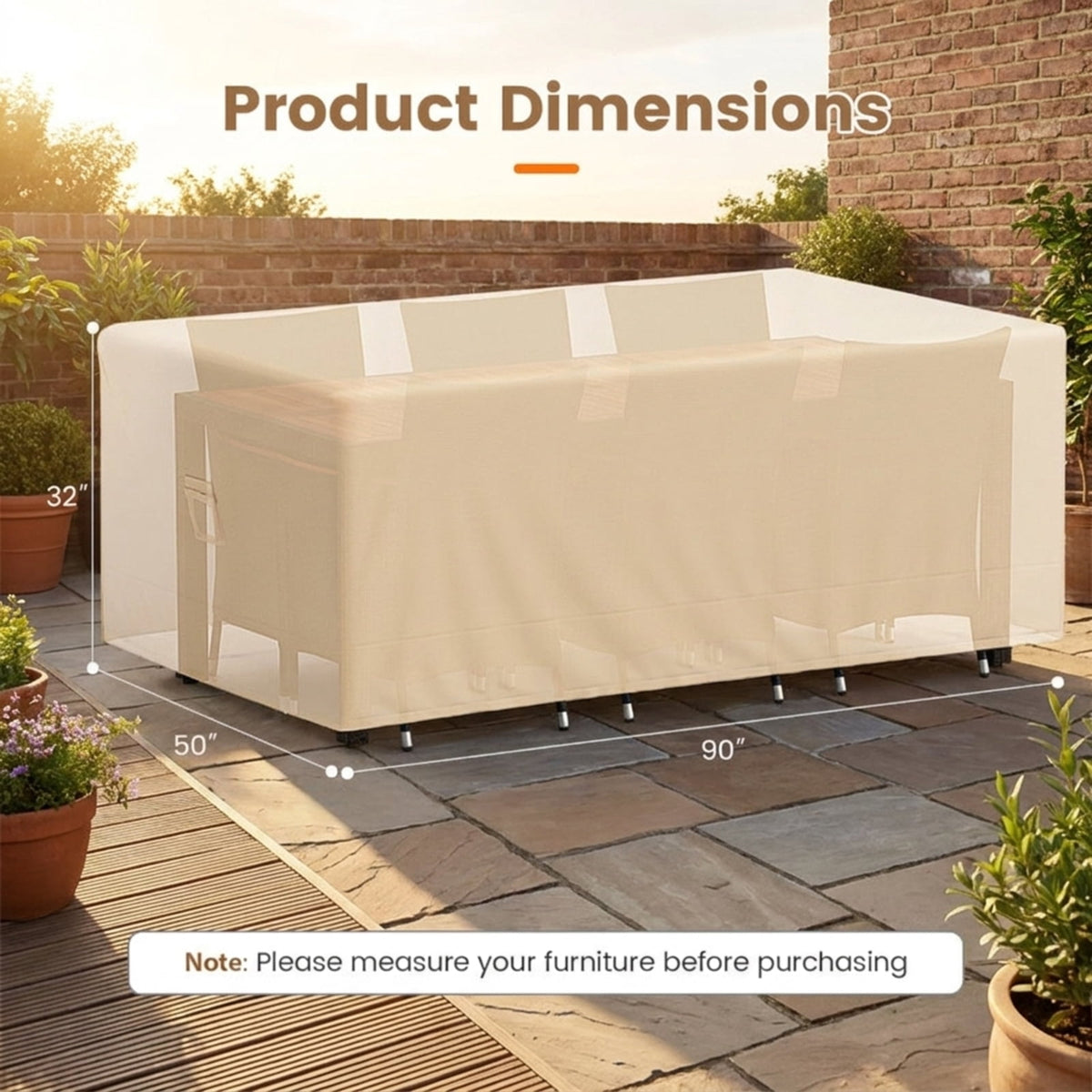 Biotree Waterproof Patio Furniture Cover with Padded Handle and Click-Close Straps Heavy Duty Outdoor Table Cover 90 x 50 x 32 Inches, Beige