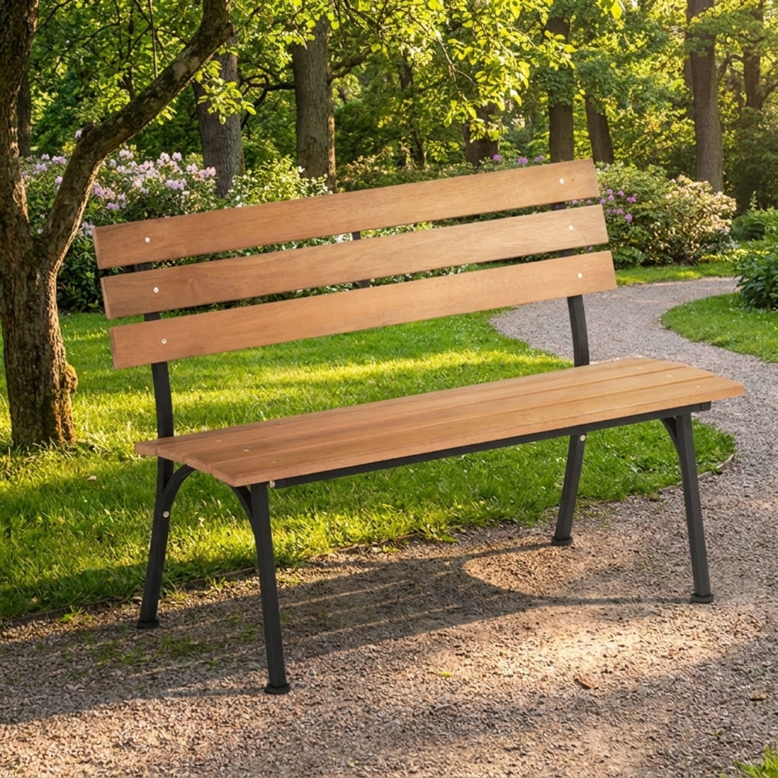 Biotree 47 Inch Outdoor Acacia Wood Bench with Metal Frame and Slatted Seat Stackable Patio Chair for Garden BackyardNatural + Black