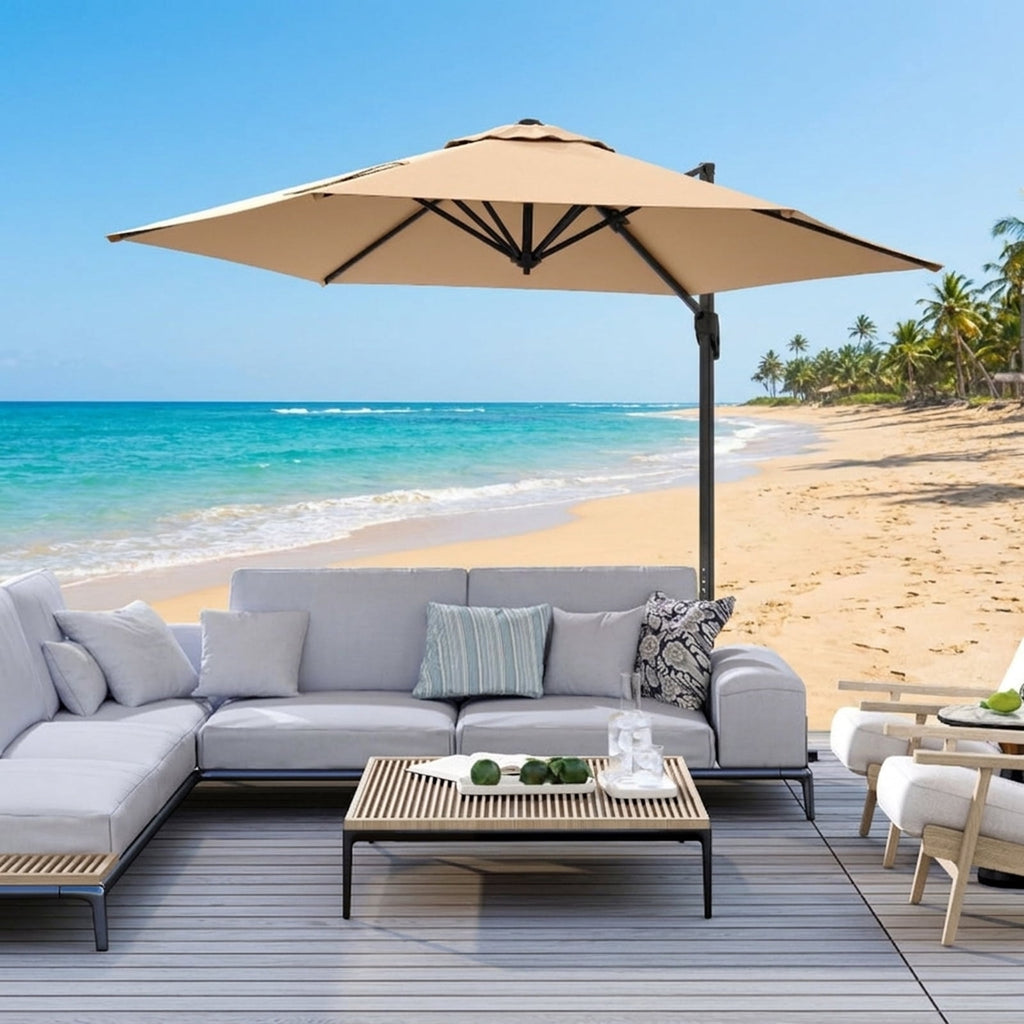Biotree 9 ft Cantilever Patio Umbrella Offset Hanging with Cross Base, 8 Ribs - Beige for Backyard Garden Poolside