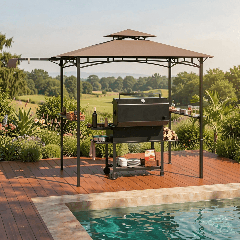 Biotree 11 x 5 FT Grill Gazebo with Side Awning and Double-Tiered Top Brown - Outdoor Patio Backyard Garden Shade Canopy Shelter