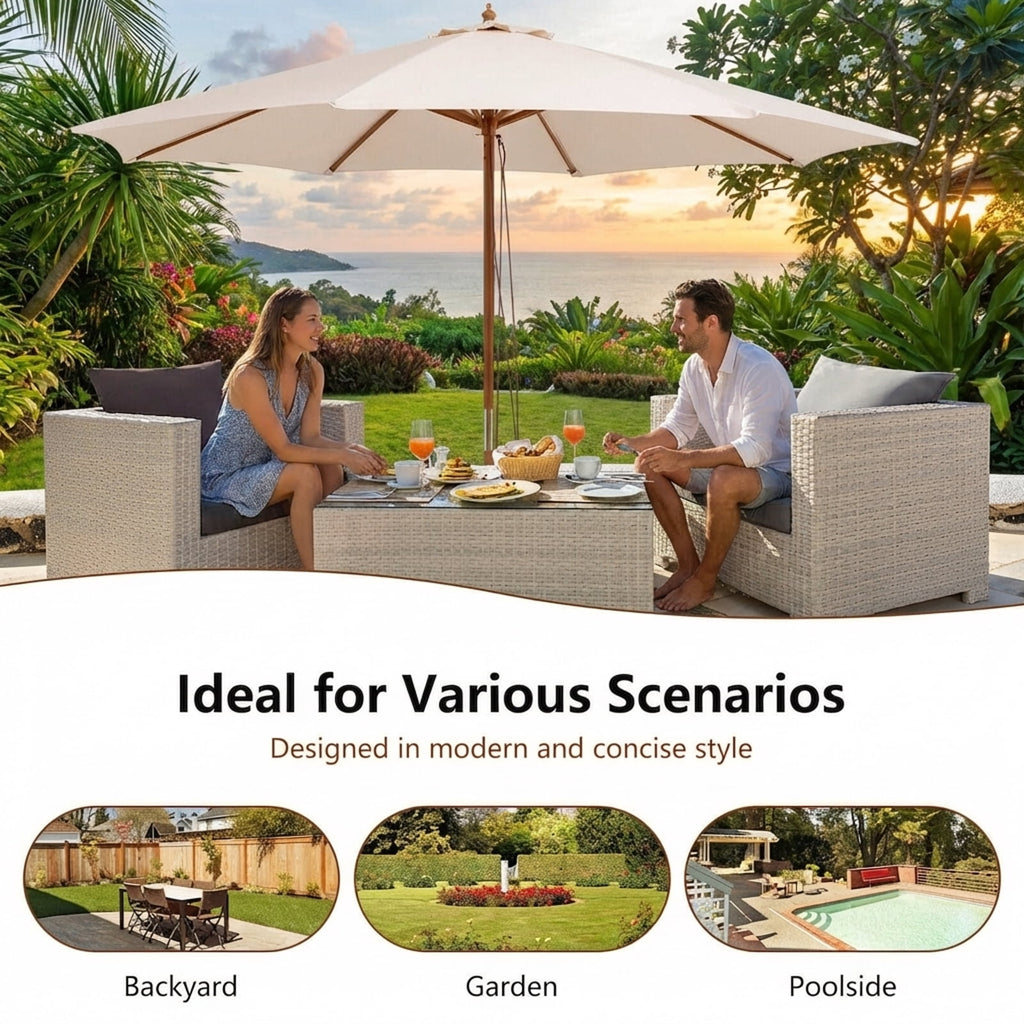 Biotree 10 Feet Patio Umbrella with 8 Wooden Ribs and 3 Adjustable Heights-Beige Deck Garden Pool Outdoor Living