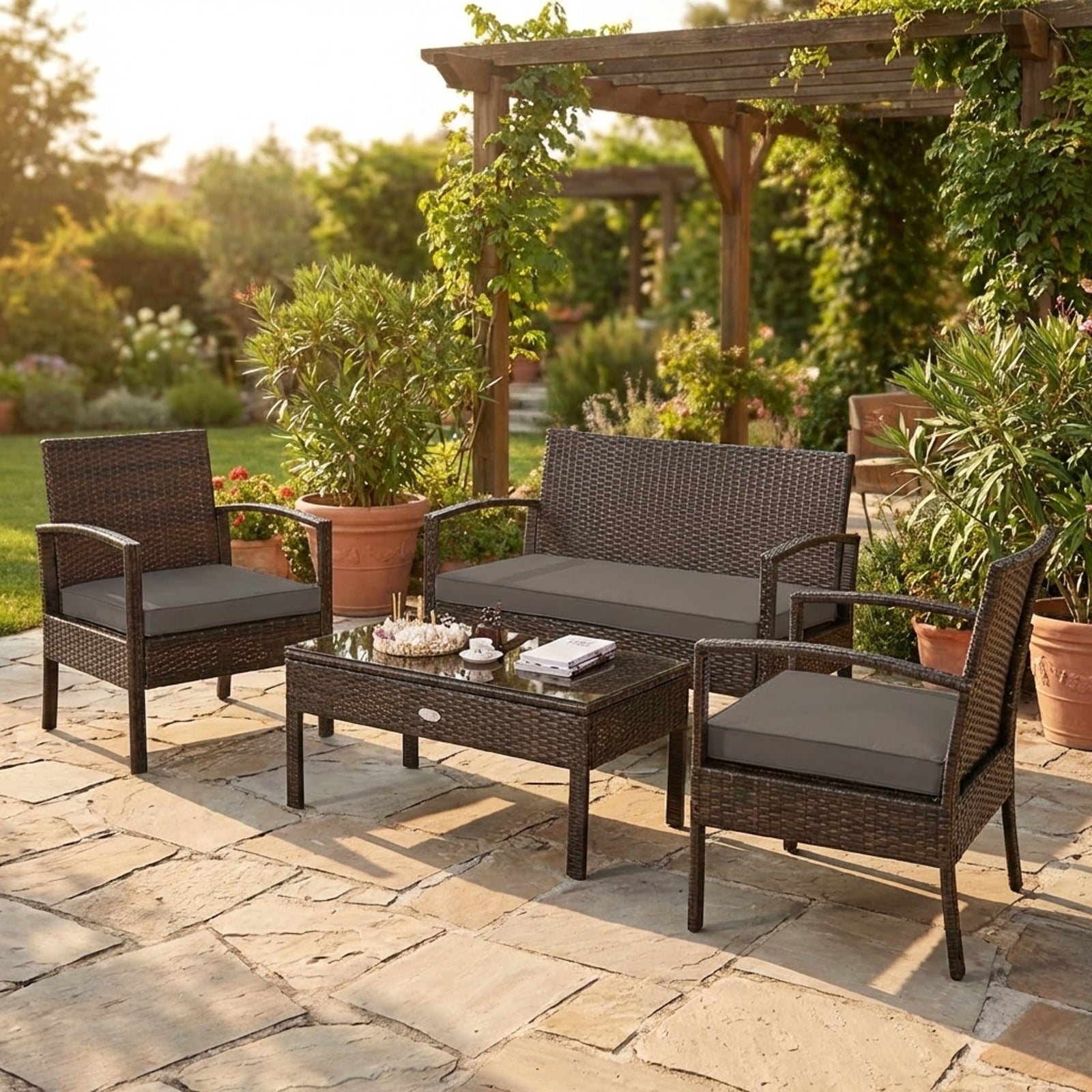 Biotree 4-Piece Patio Rattan Set with Loveseat and Table-Brown