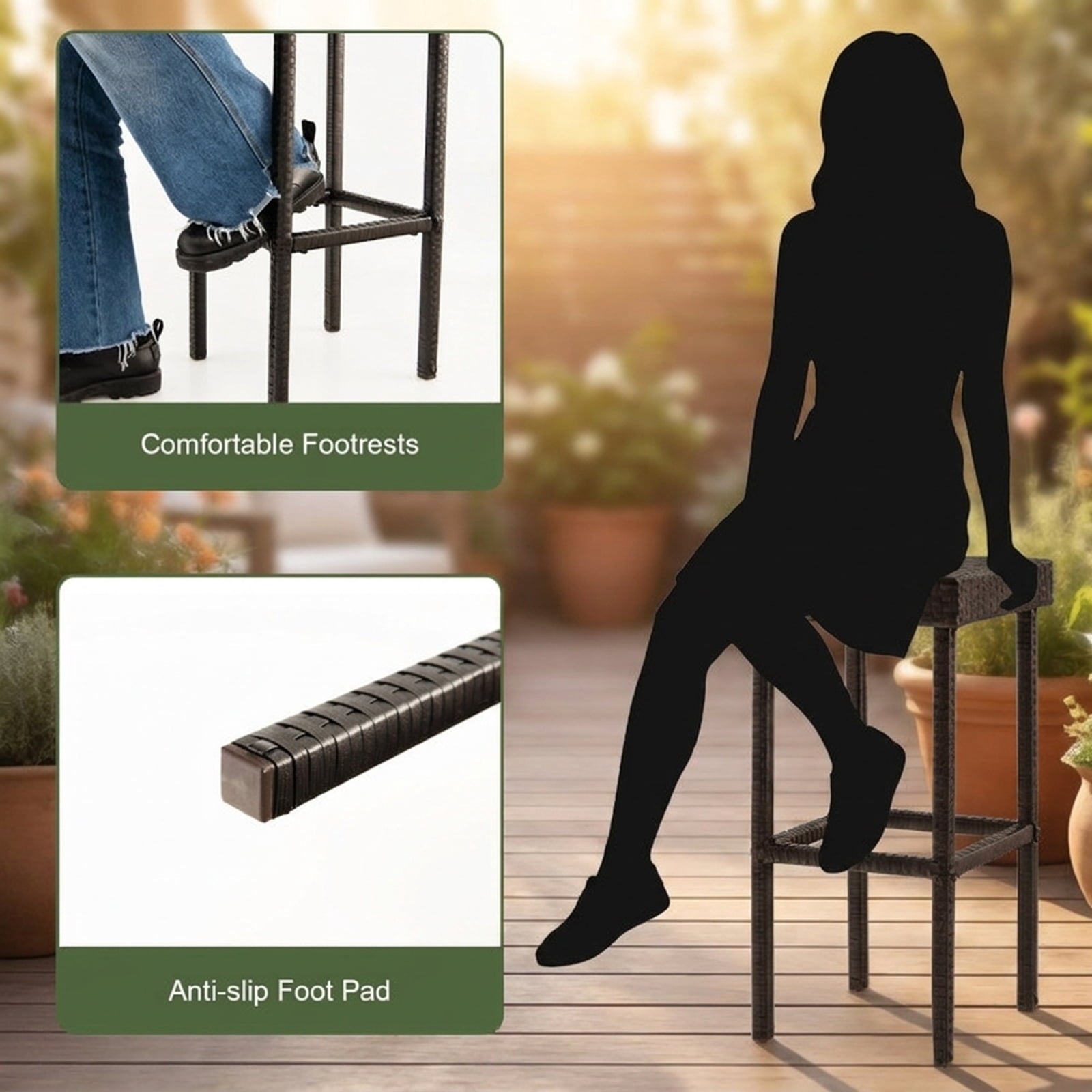 Biotree Set of 2 Patio Rattan Backless Bar Stool Chairs, Brown - Outdoor Patio Bar Height Chair with Footrest