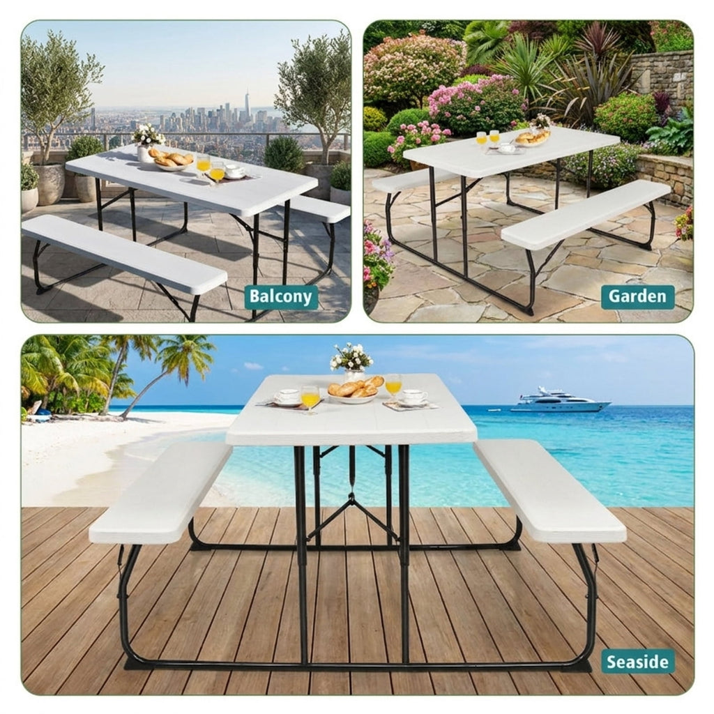 Biotree Indoor and Outdoor Folding Picnic Table Bench Set with Wood-like Texture, White