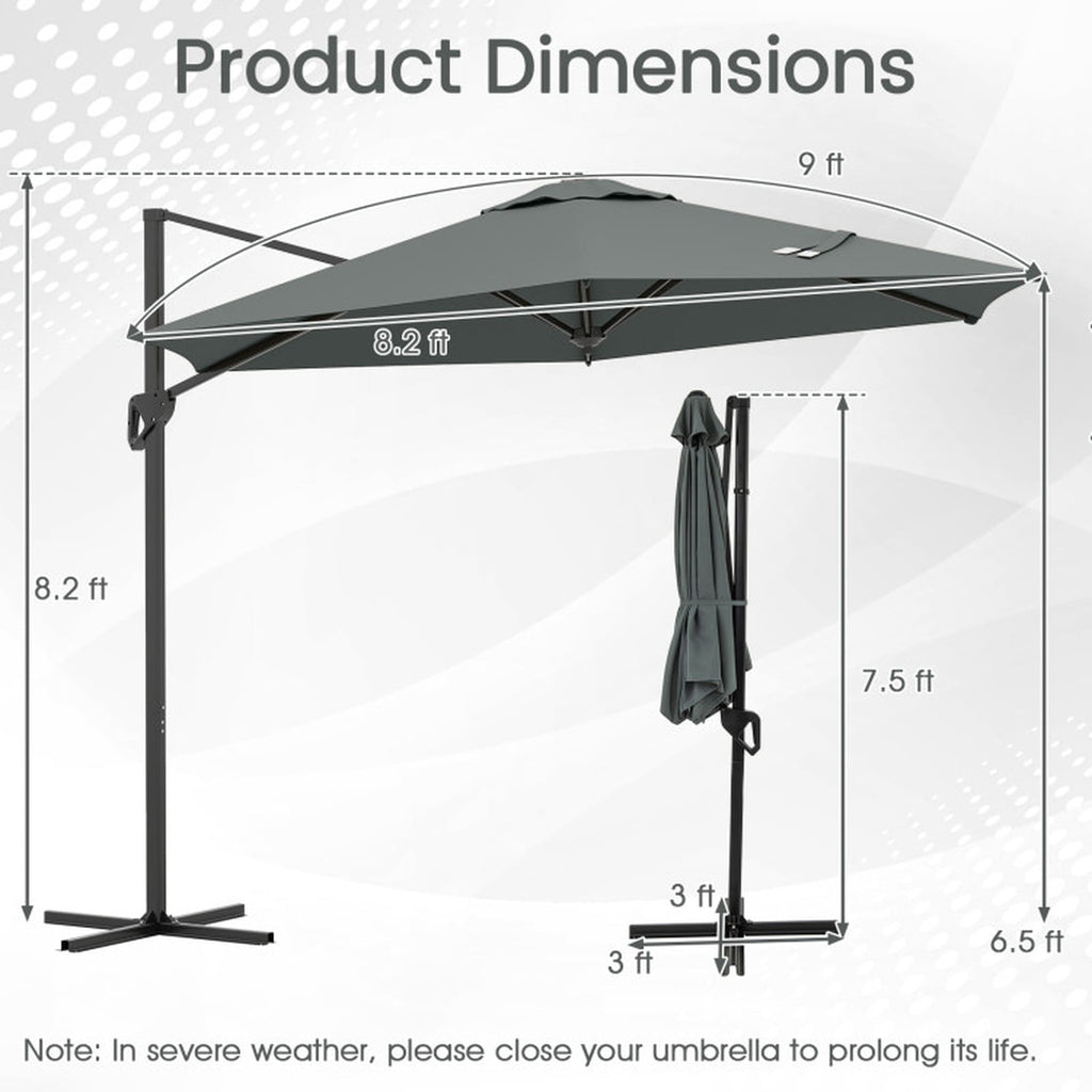 Biotree 9 ft Cantilever Patio Umbrella Offset Hanging with Cross Base, 8 Ribs - Gray for Backyard Garden Poolside