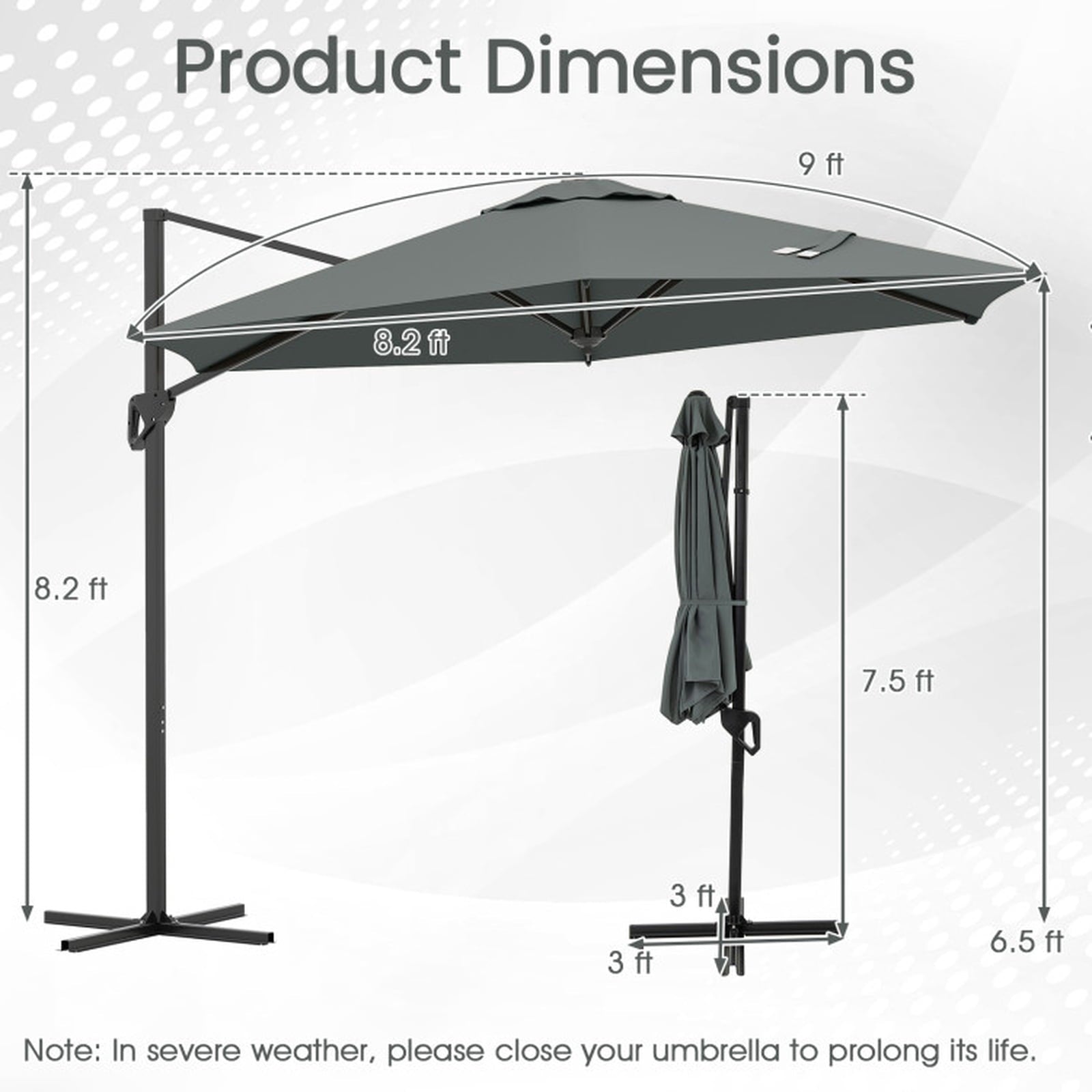 Biotree 9 ft Cantilever Patio Umbrella Offset Hanging with Cross Base, 8 Ribs - Gray for Backyard Garden Poolside