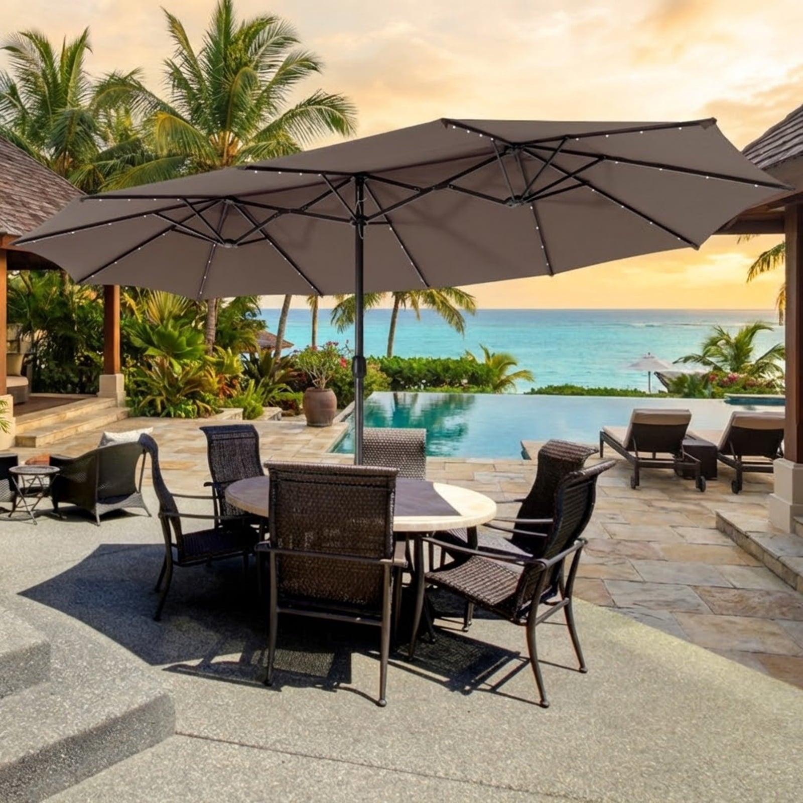 Biotree 15 Feet Twin Patio Umbrella with 48 Solar LED Lights-Light Brown Beige/Light Brown/Orange/Dark Red/Gray/Turquoise