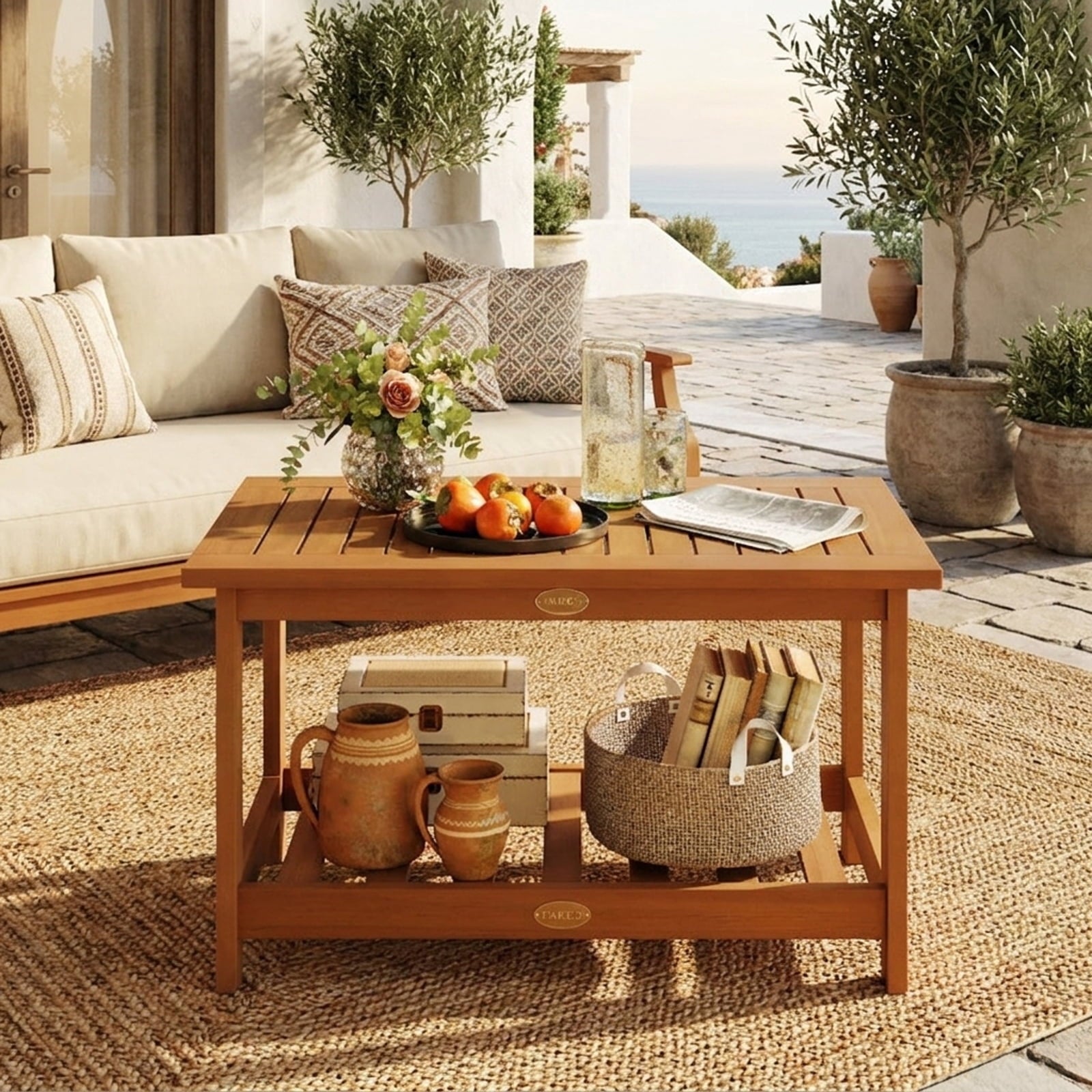Biotree Patio Acacia Wood Coffee Table 2-Tier Rectangular Center Table, Natural