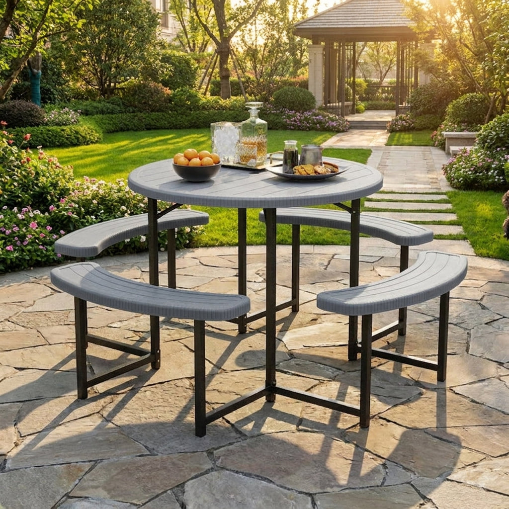 Biotree 62-Inch Round Picnic Table Bench Set with 4 Benches and Umbrella Hole for Patio Lawn, Gray