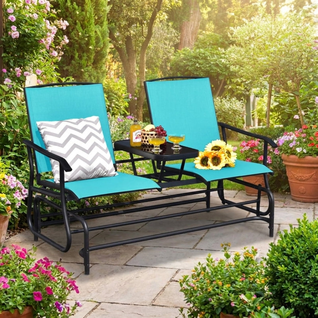 Biotree 2-Person Double Rocking Loveseat with Mesh Fabric and Center Tempered Glass TableTurquoise