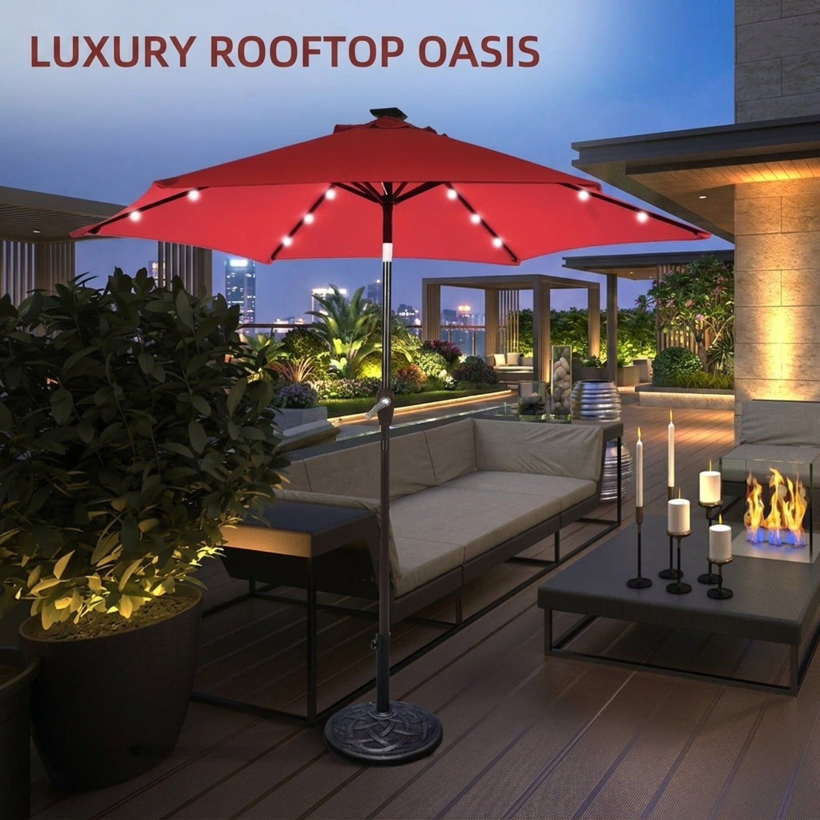 Biotree 9 ft Solar LED Market Patio Umbrella with Crank and Tilt, 6 Sturdy Ribs, Vented Canopy - Walnut