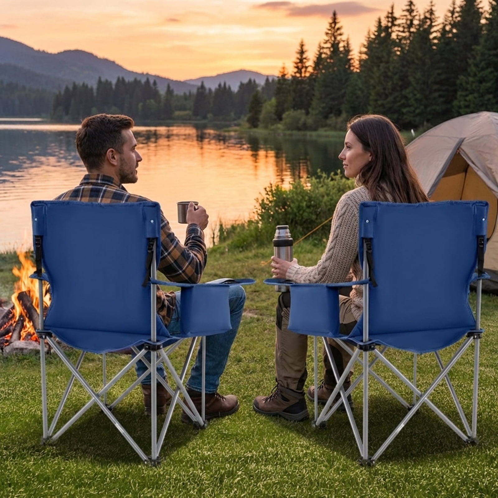Biotree Heavy Duty Oversized Folding Camping Chair with Cooler Pouch and Cup Holder 500 lb Capacity Portable Outdoor Chair, Navy Blue