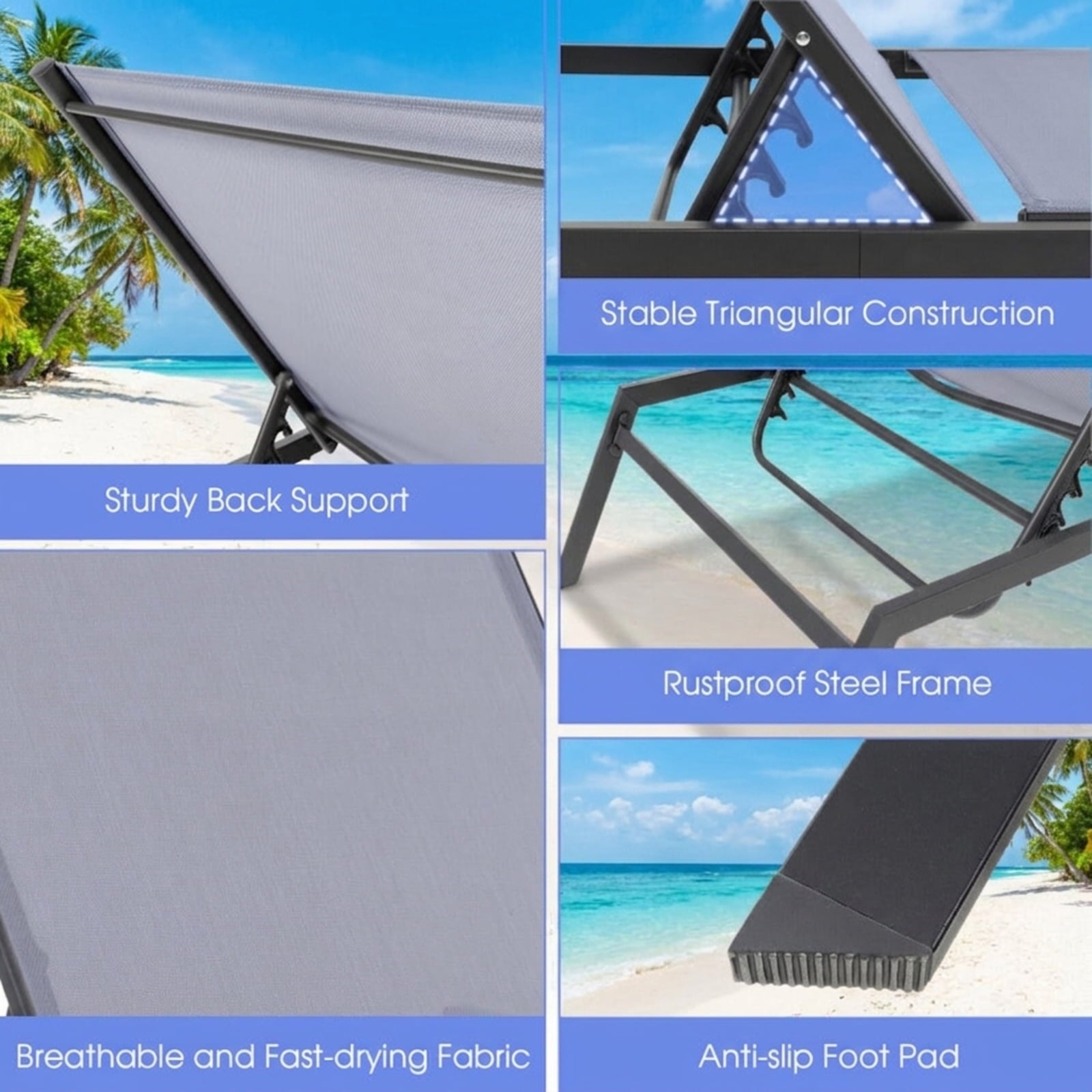 Biotree Outdoor Adjustable Chaise Lounge Chair with Lay Flat Position and Quick-Drying Fabric Stackable Patio Chair for Garden BackyardGrey
