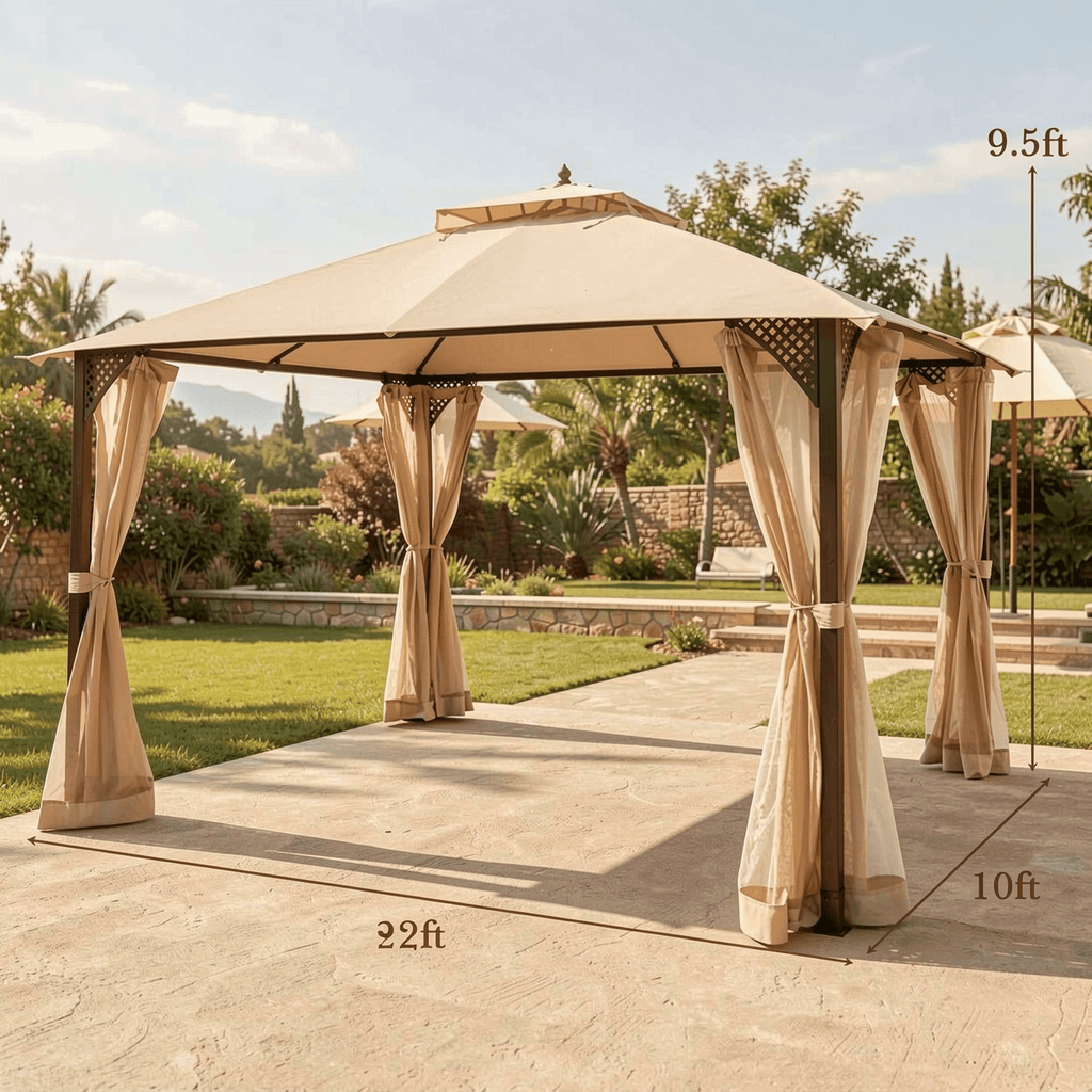 Biotree 12 x 10 Feet Outdoor Double Top Patio Gazebo with Netting Brown - Outdoor Patio Backyard Garden Shade Canopy Shelter