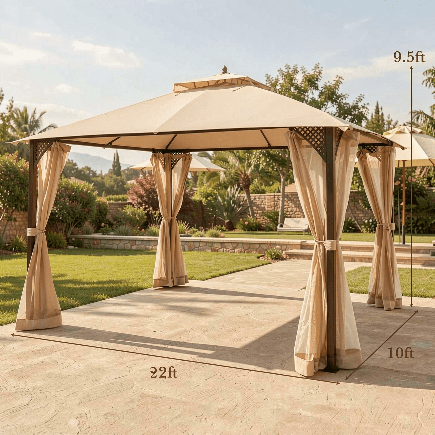 Biotree 12 x 10 Feet Outdoor Double Top Patio Gazebo with Netting Brown - Outdoor Patio Backyard Garden Shade Canopy Shelter