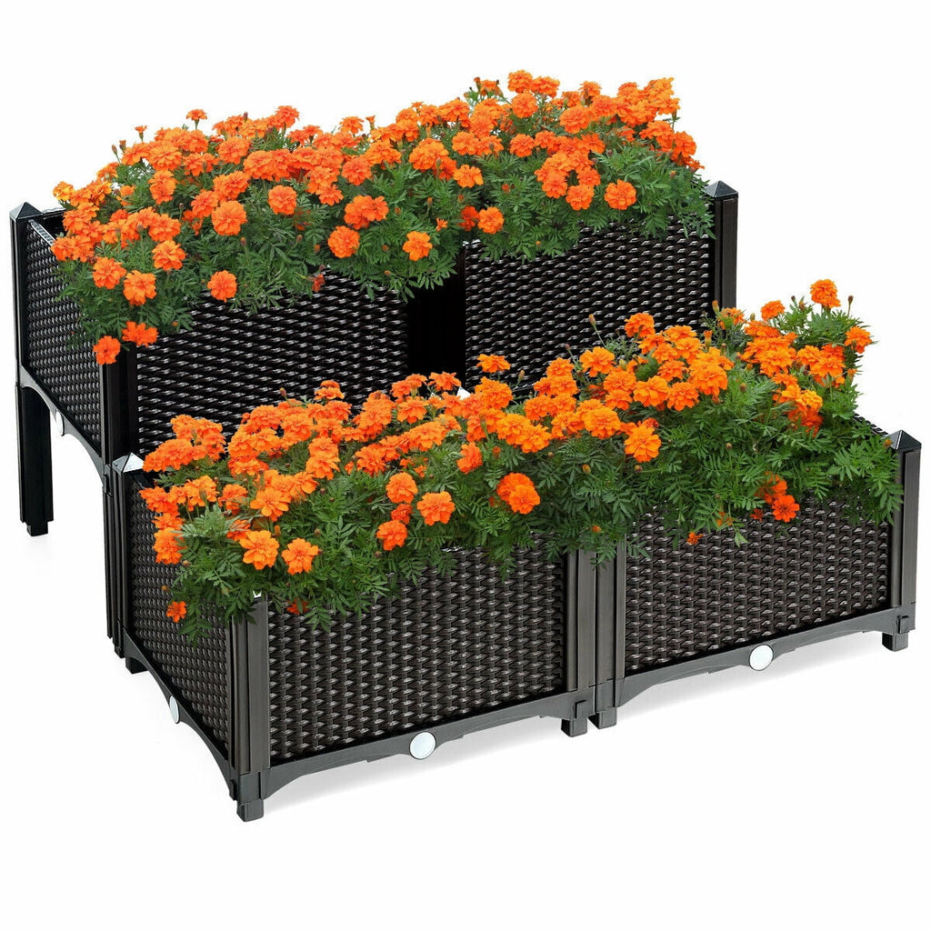 Biotree Set of 4 Elevated Flower Vegetable Herb Grow Planter Box-Brown Outdoor Herbs Vegetables Flowers
