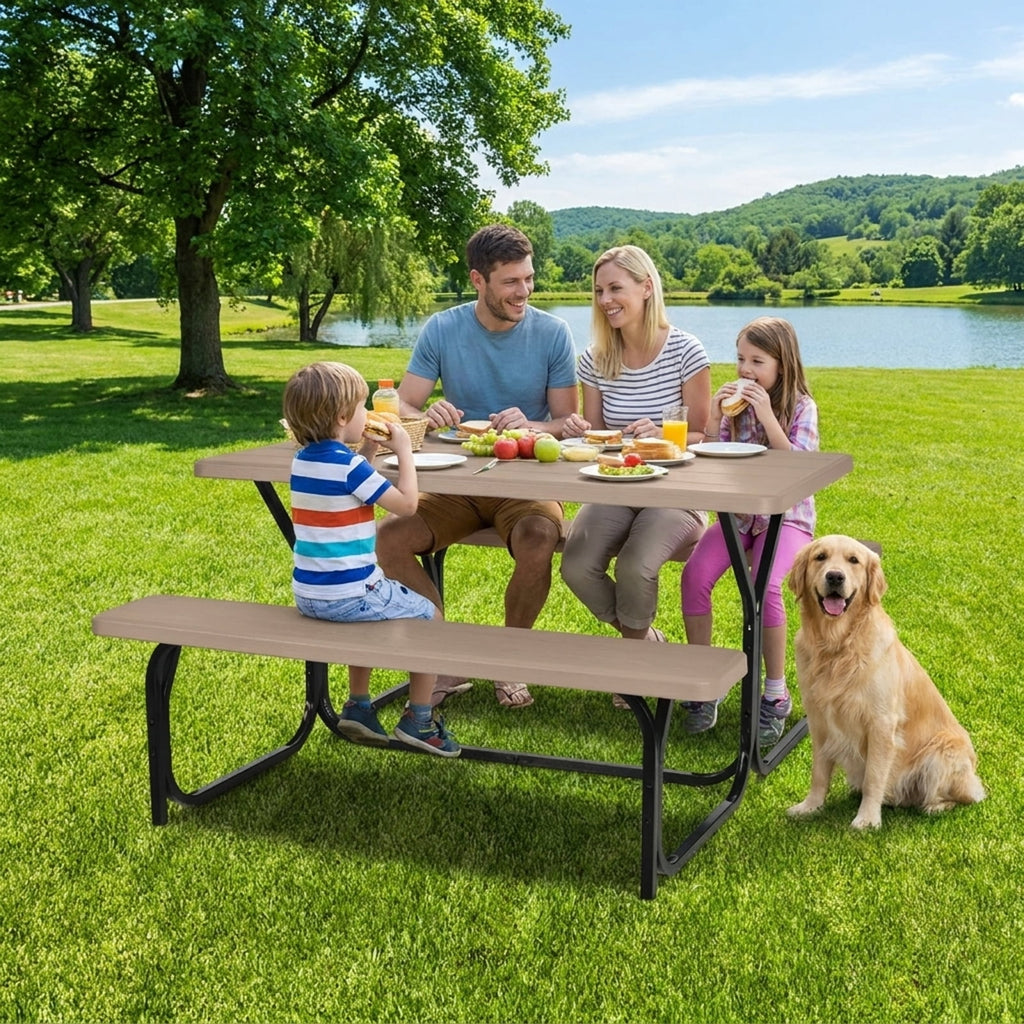 Biotree HDPE Outdoor Picnic Table Bench Set with Metal Base, Coffee