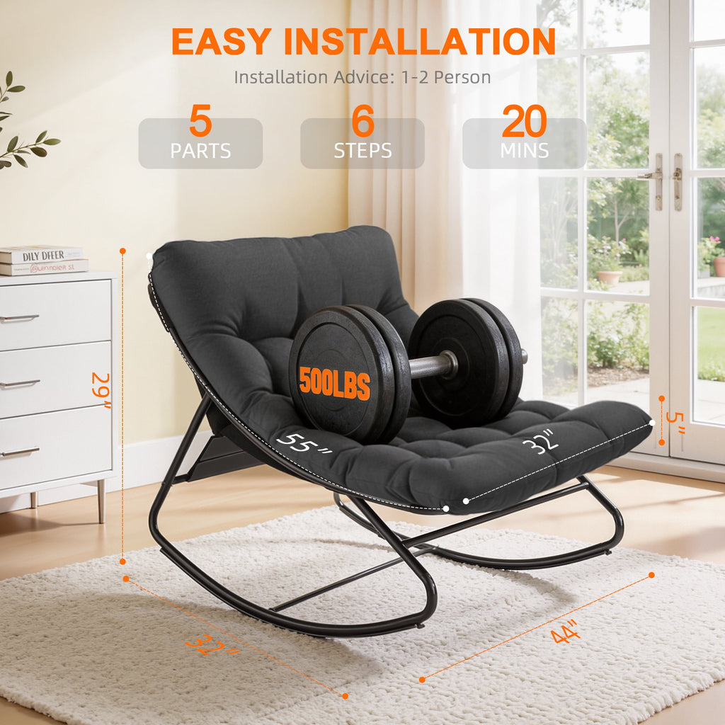 Biotree Oversized Outdoor Rocking Chair,Patio Rocker with Thick Cushion, Weather Resistant Mesh Rocking Chair for Porch, Backyard, Garden,Steel Frame,Black