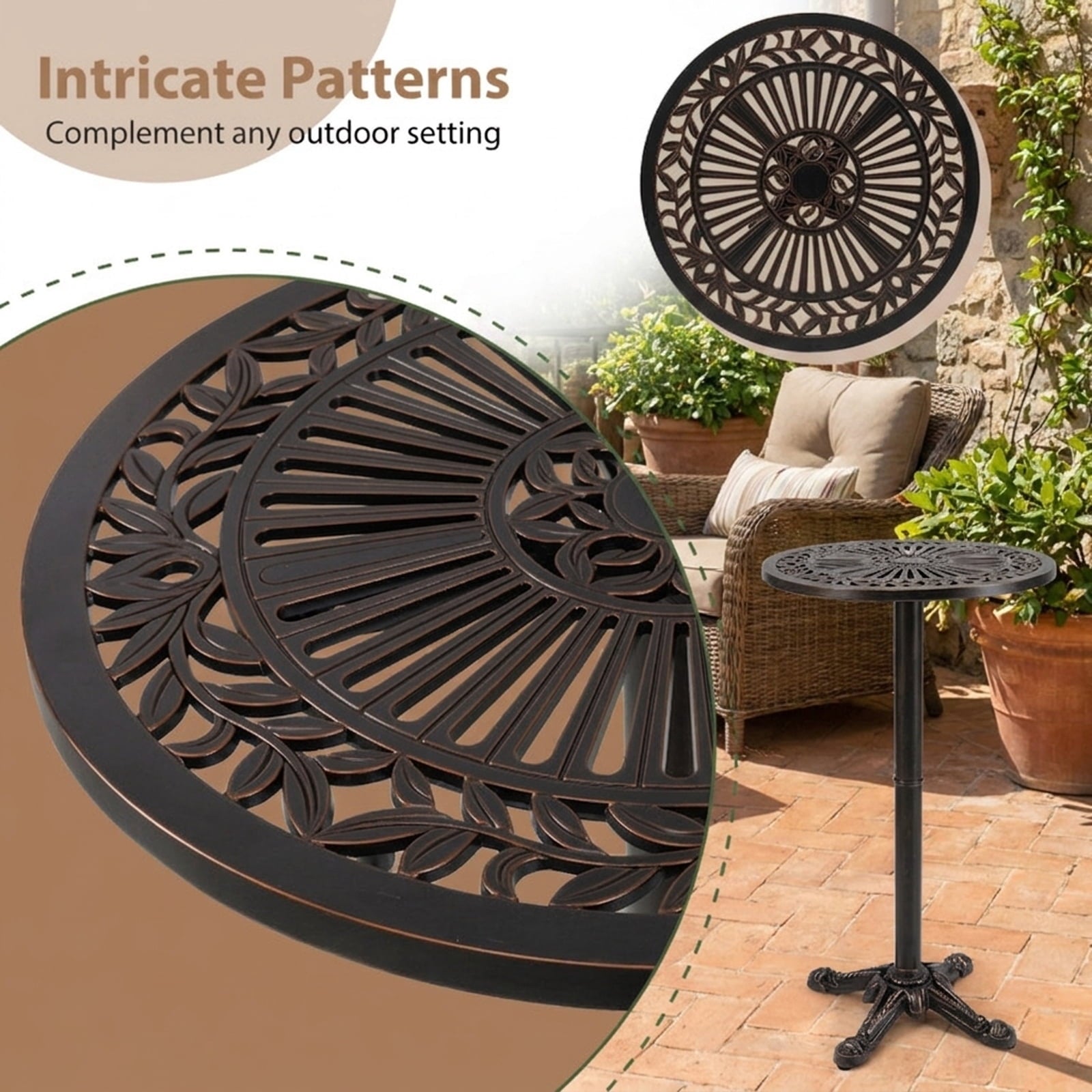 Biotree 41.5 Inch Patio Round Bar Table Cast Aluminum Bistro Table for Garden, Walnut